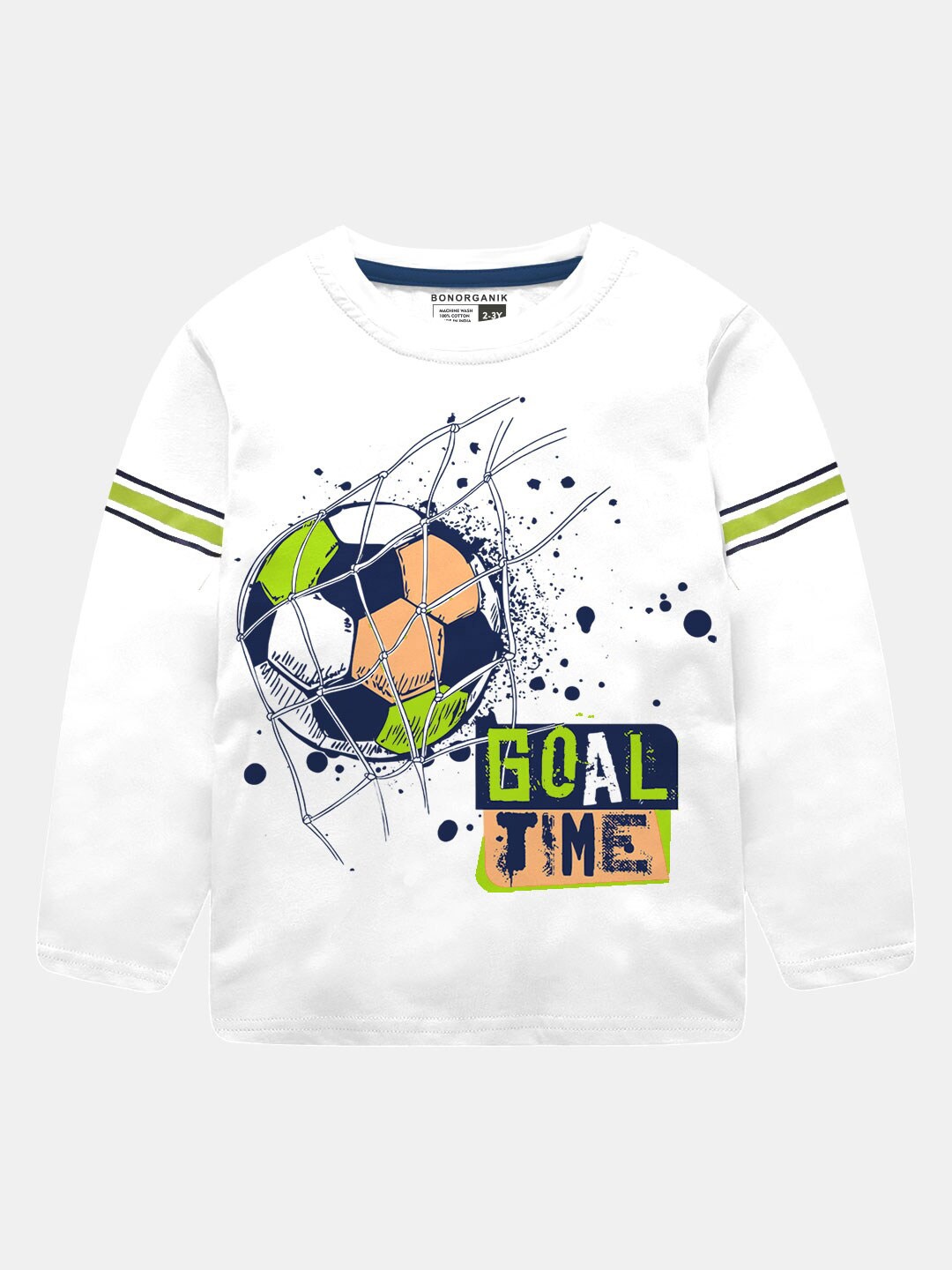

BONKIDS Boys White & Olive Green Printed Cotton T-shirt