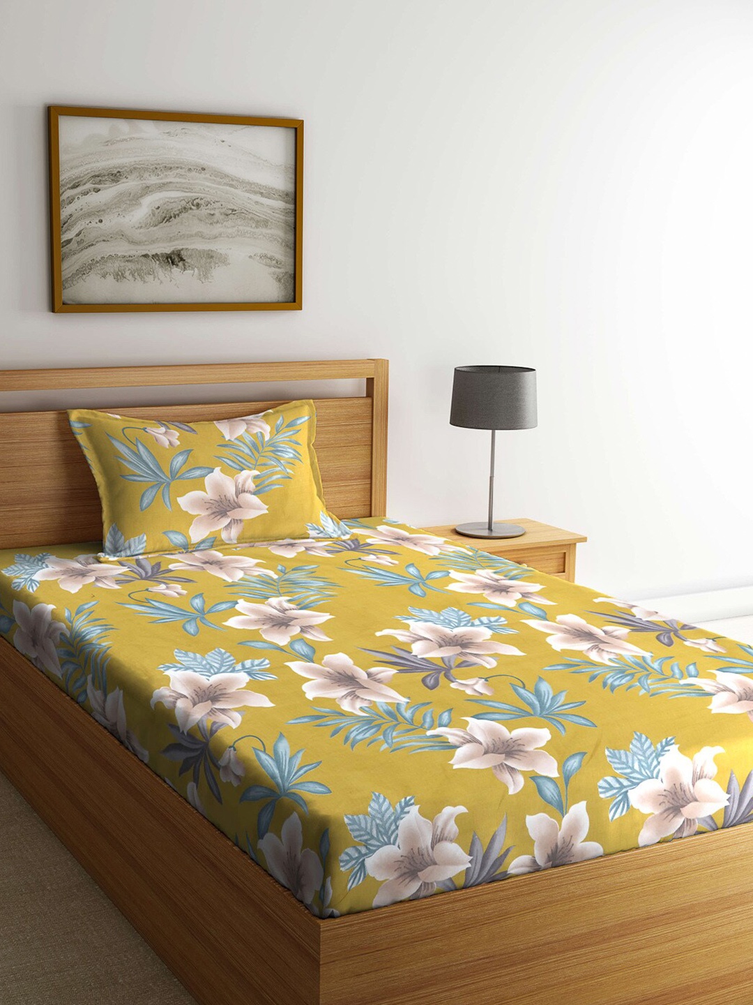 

Arrabi Lime Green & Beige Floral Printed 300 TC Single Bedsheet with 1 Pillow Covers