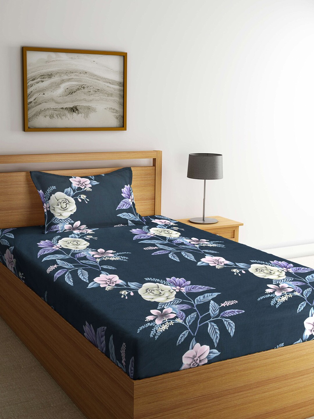 

Arrabi Teal Blue & Green Floral Printed 300 TC Single Bedsheet with 1 Pillow Covers