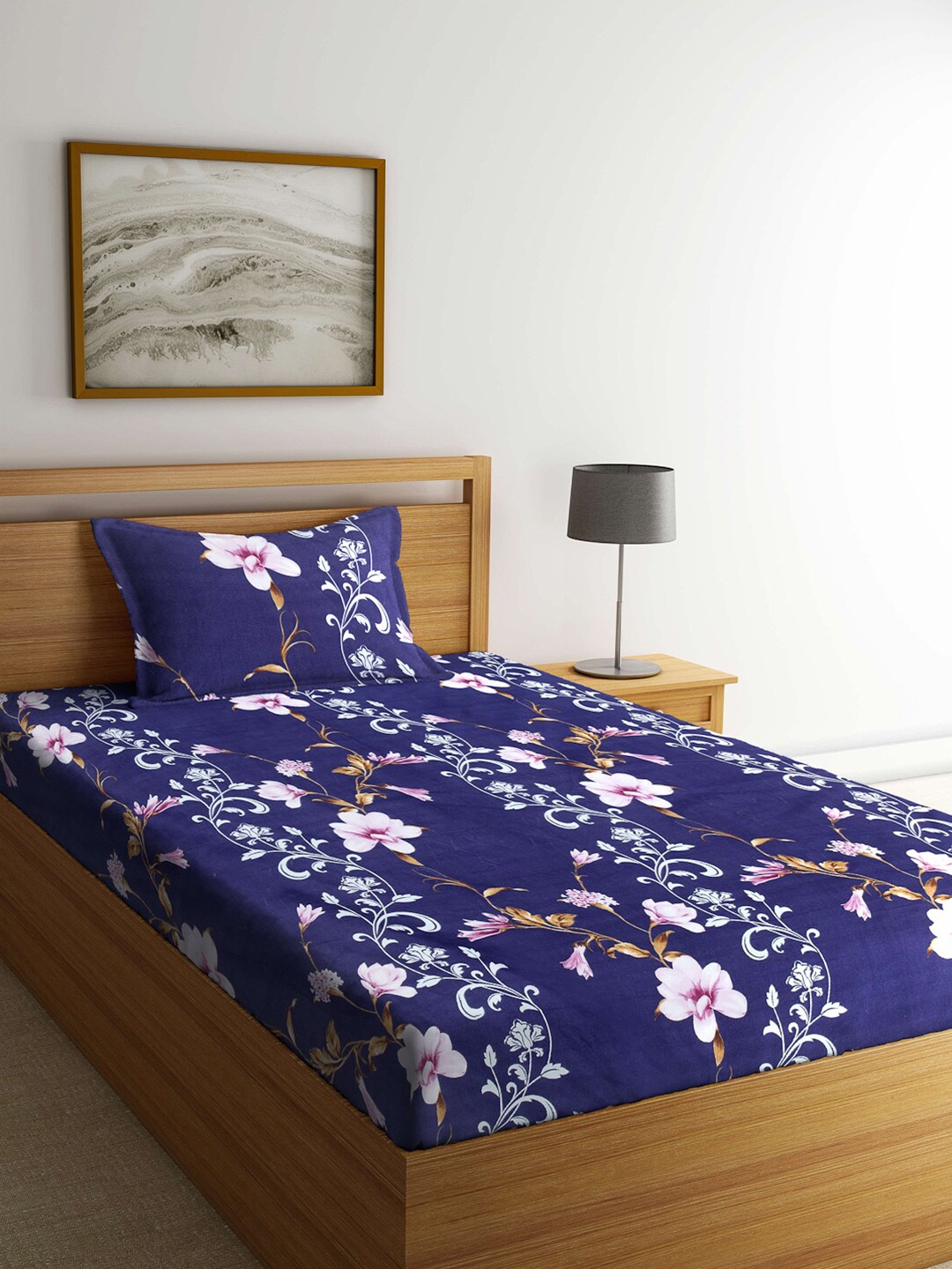 

Arrabi Blue & White Floral Printed 300 TC Single Bedsheet with 1 Pillow Covers