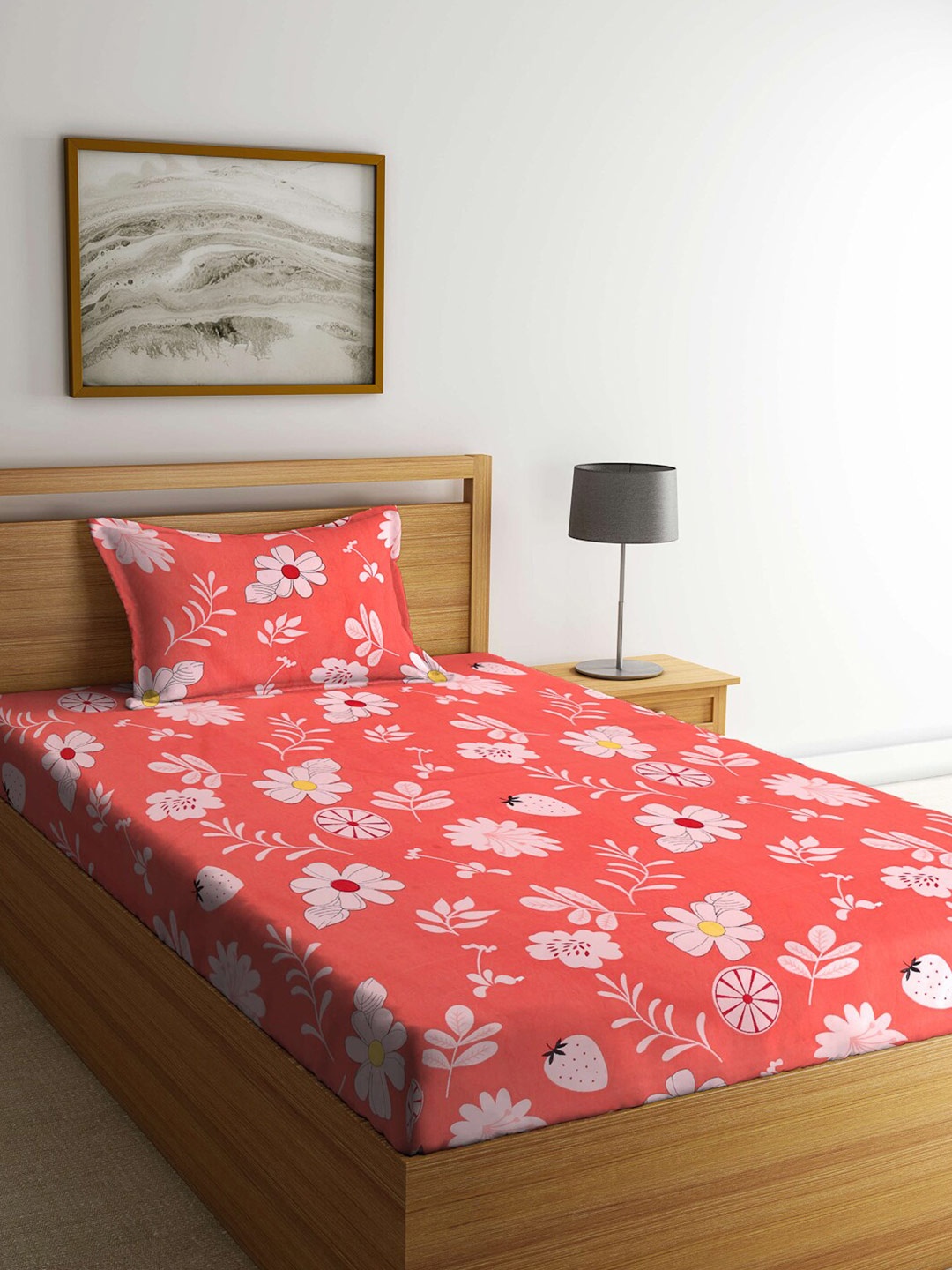 

Arrabi Pink & White Floral Printed 300 TC Single Bedsheet with 1 Pillow Covers