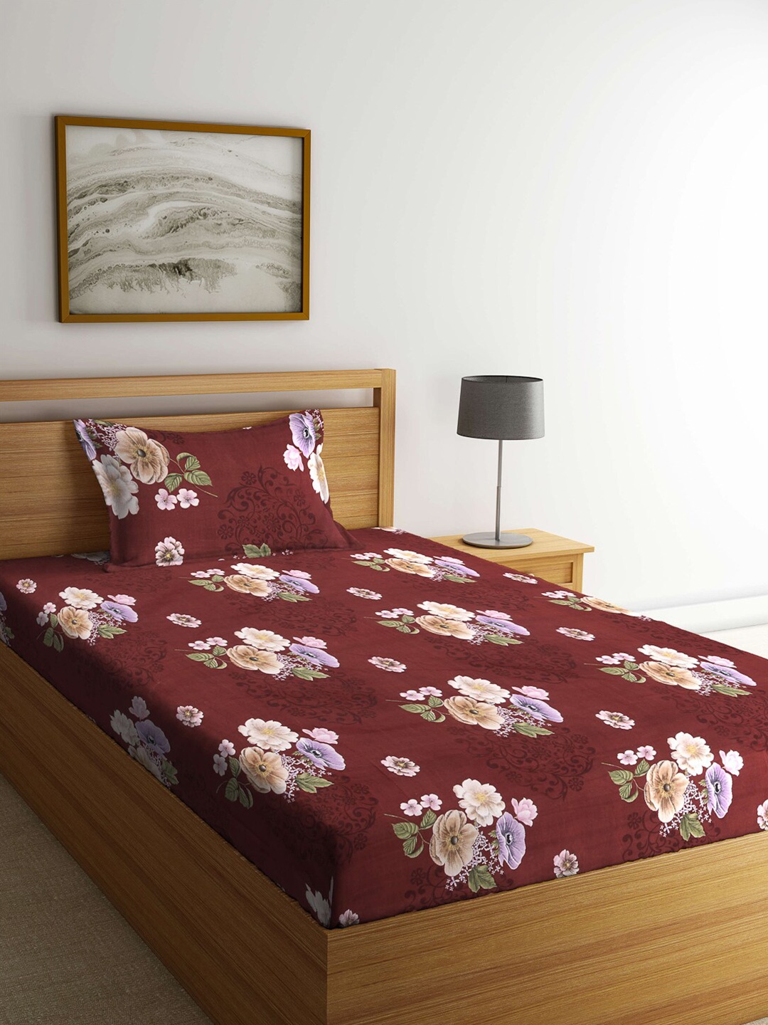 Arrabi Brown & White Floral Printed 300 TC Single Bedsheet with 1 Pillow Covers