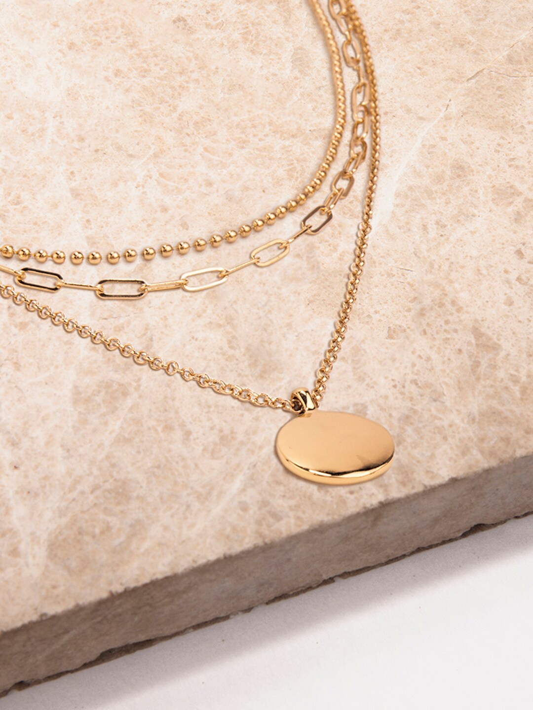 

Lilly & sparkle Gold Toned Gold-Plated 3 Layered Chain with Disc Pendant Necklace