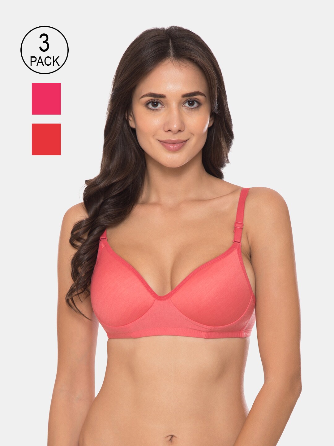 

KOMLI Pack Of 3 Coral & Pink Solid T-Shirt Bras - Non-Wired Heavily Padded