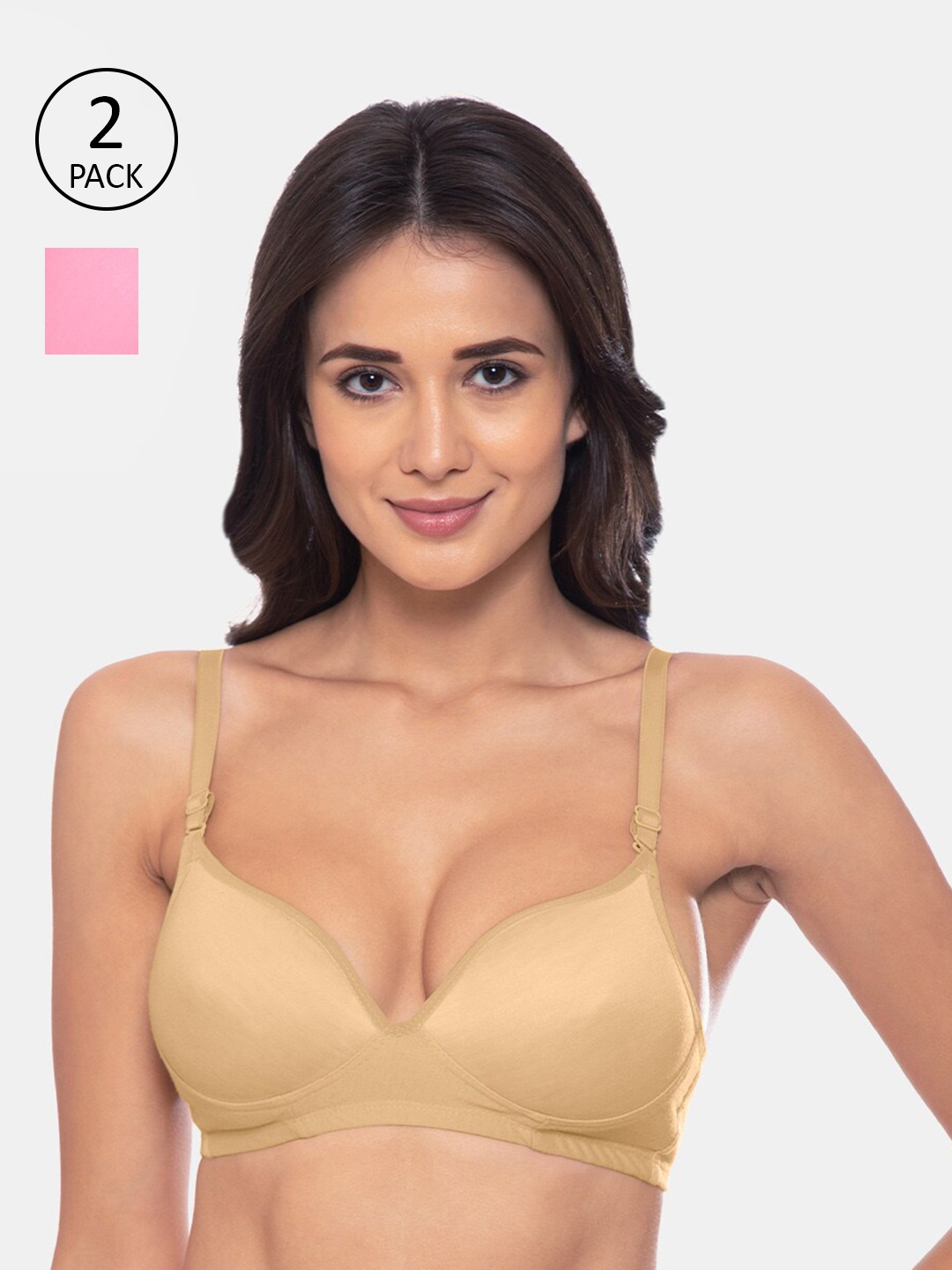 

KOMLI Women Pack of 2 Beige & Pink Solid T-shirt Bra