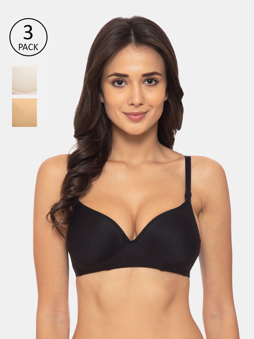 

KOMLI Pack of 3 Black & Beige Heavily Padded T-shirt Bra
