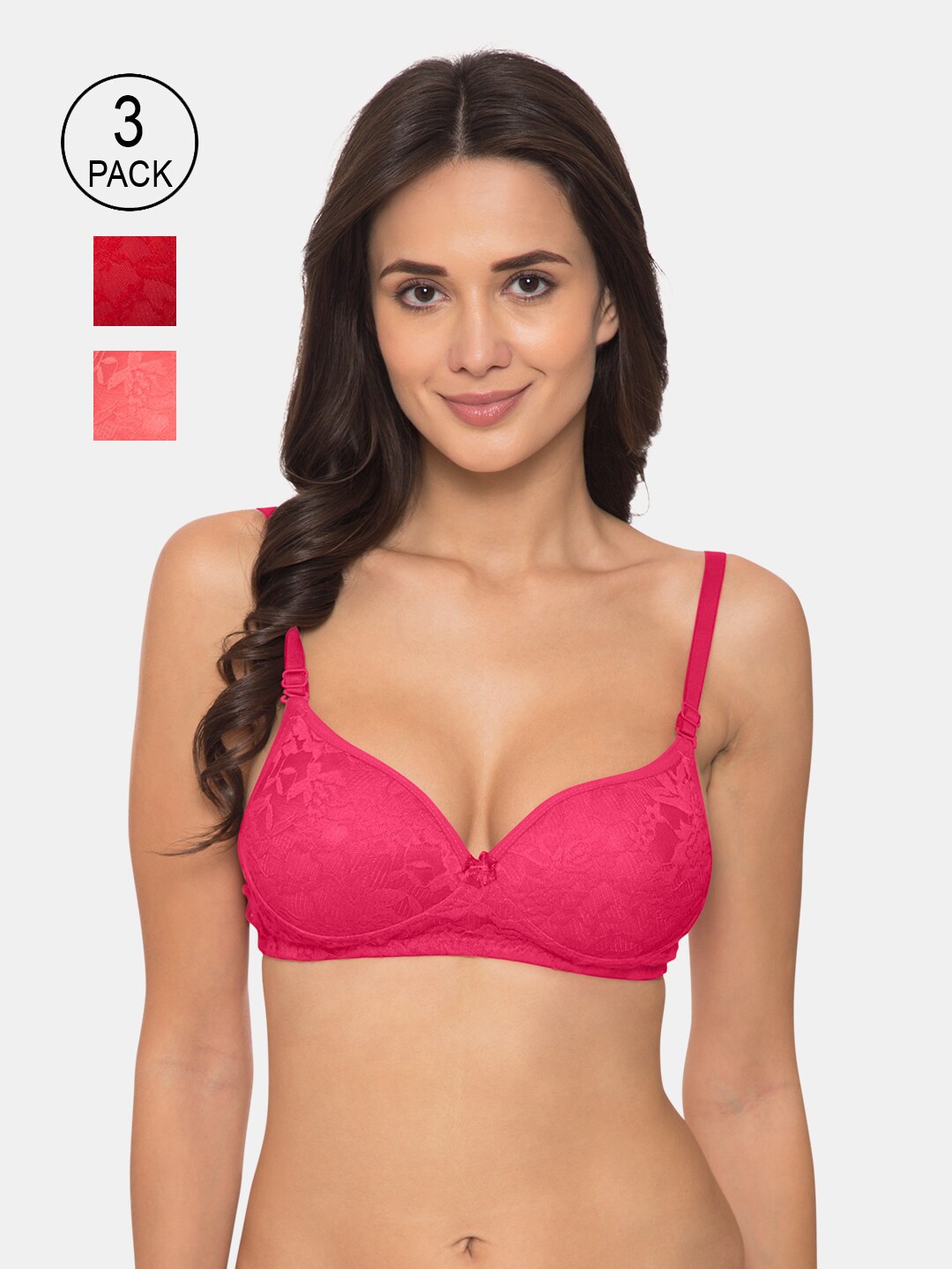 

KOMLI Pack of 3 Pink & Red Floral T-shirt Bra Heavily Padded