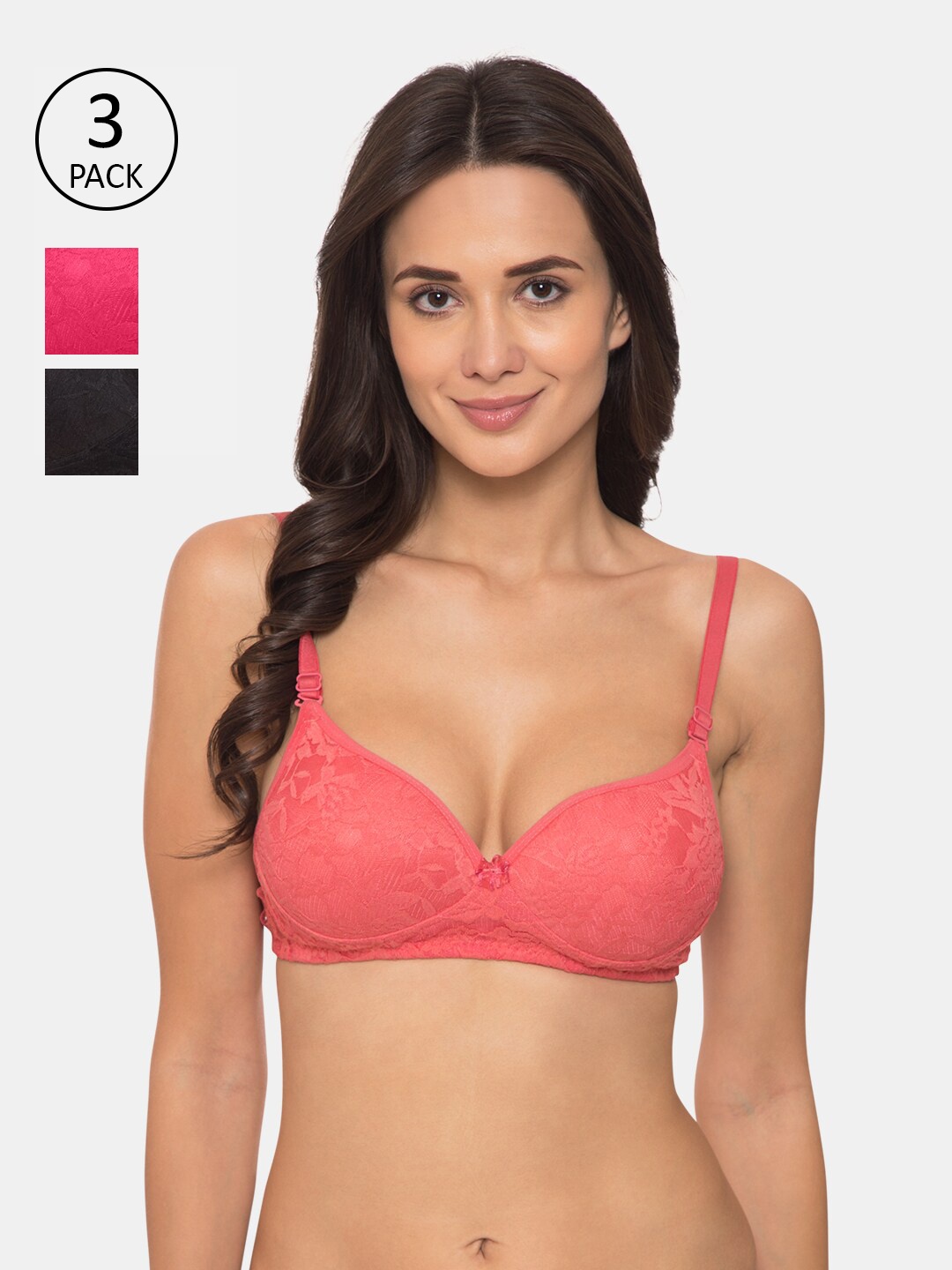

KOMLI Pack Of 3 Floral T-shirt Bra Heavily Padded K-9531-3PC-CRL-DPK-BLK, Coral
