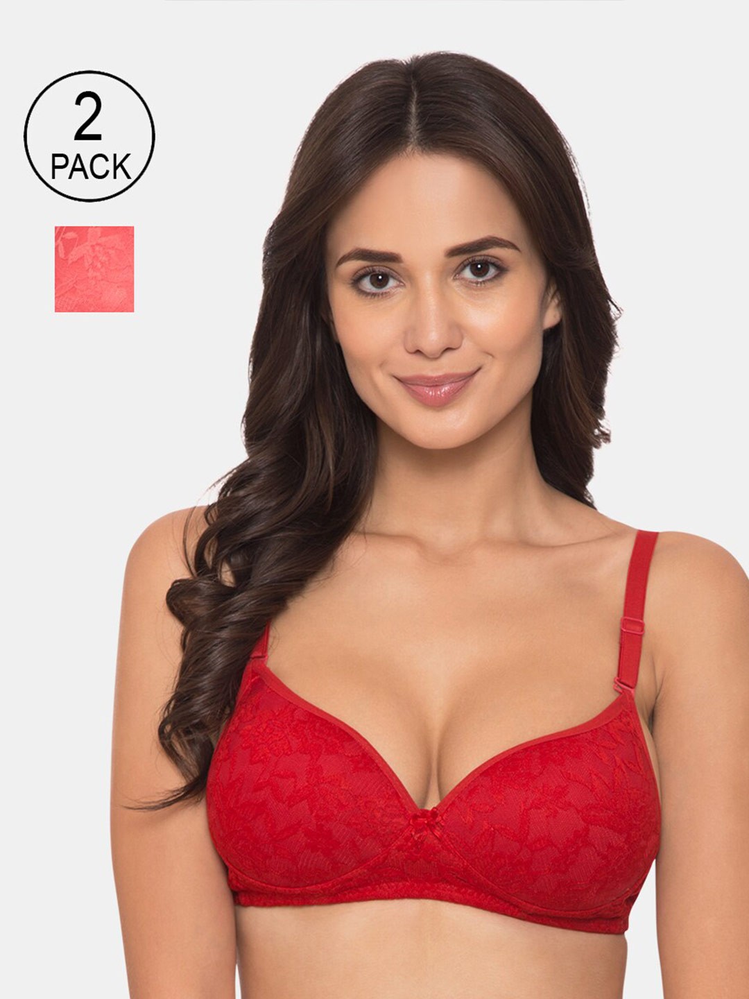 

KOMLI Pack Of 2 Red & Pink Floral Lace T-Shirt Bras - Non-Wired Heavily Padded