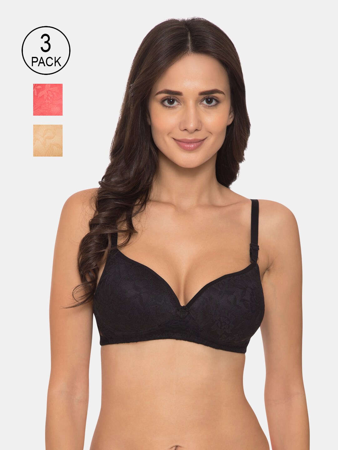 

KOMLI Woman Black & Pink Pack of 3 Heavily Padded T-shirt Bra- K-9531-3PC-BLK-DPK-SK
