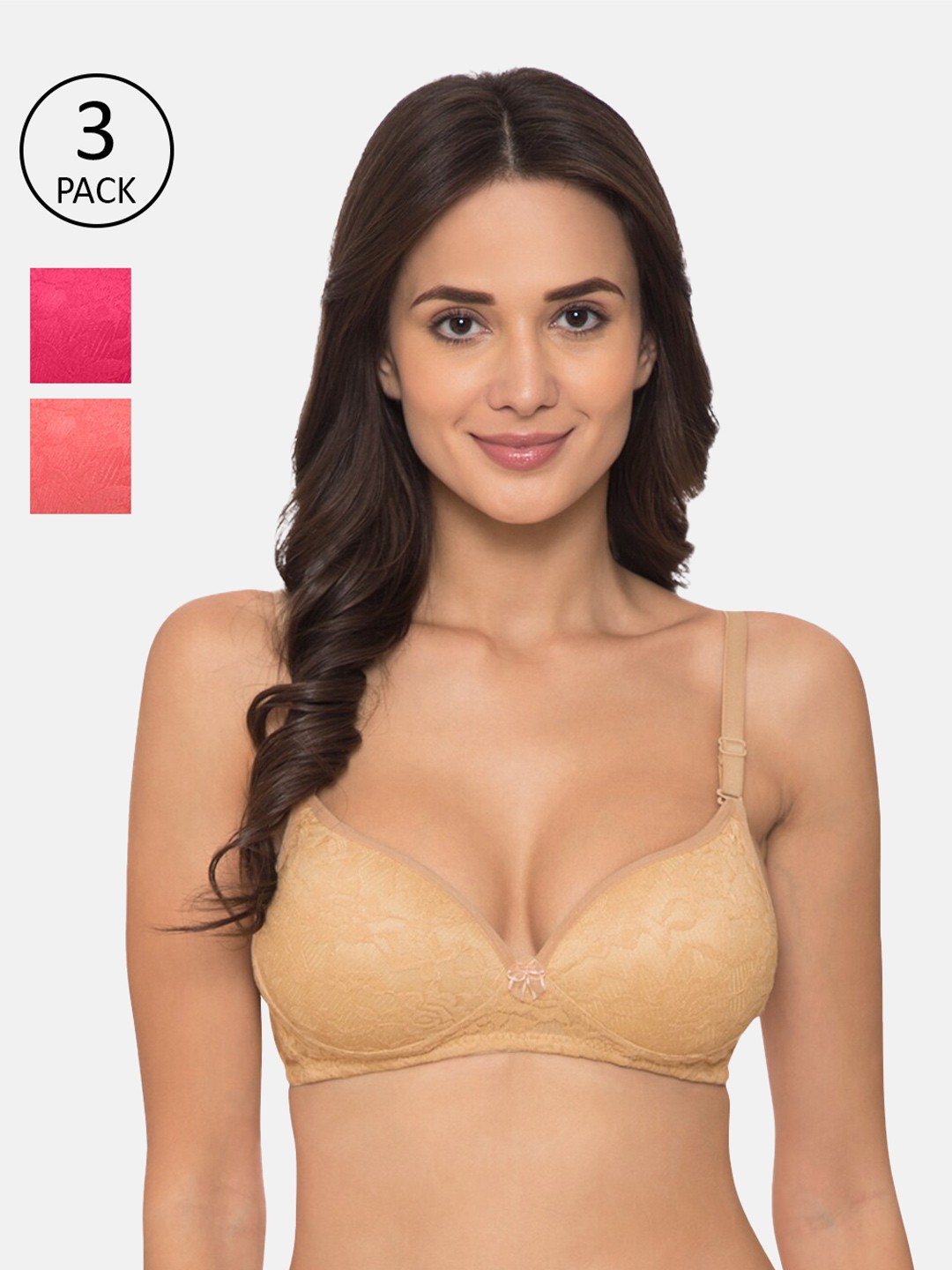 

KOMLI Pack of 2 Beige & Coral Floral Non Wired Medium Coveragr T-shirt Bra K-9531-3PC