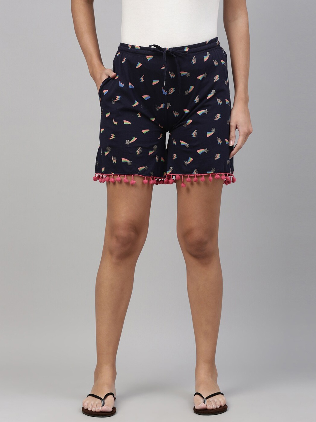 

Kryptic Women Navy Blue Pure Cotton Abstract Printed Lounge Shorts