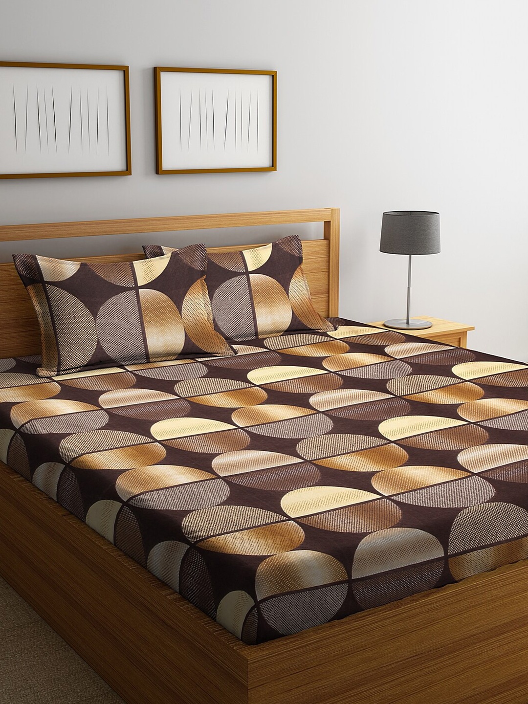 

Arrabi Brown & Gold-Toned Geometric Printed 300 TC King Bedsheet with 2 Pillow Covers