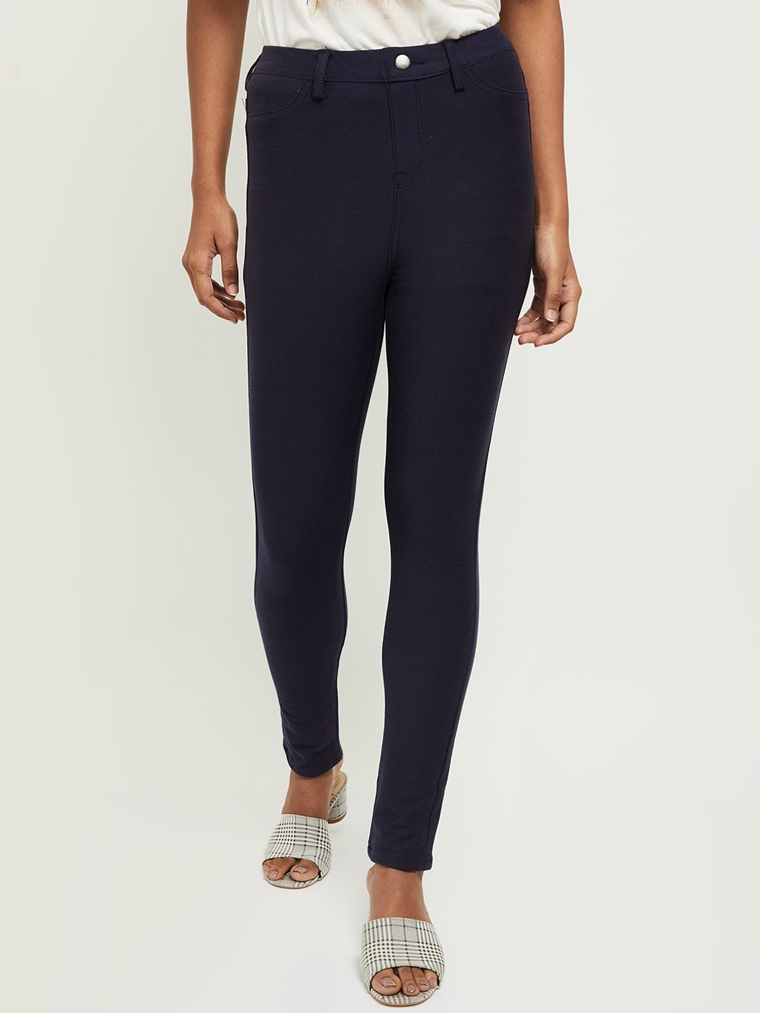 

max Women Navy Blue Regular Trousers