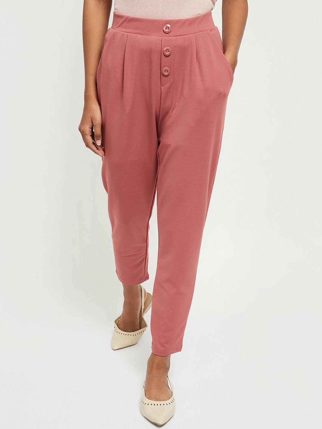 

max Women Pink Pleated Peg Trousers