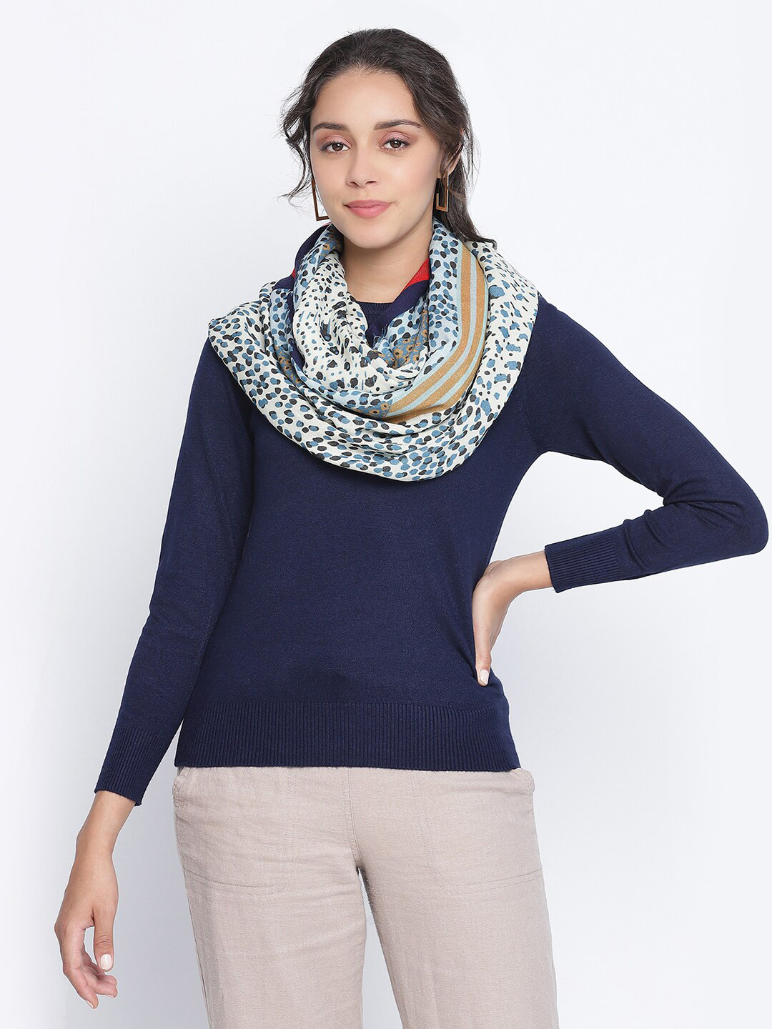 

SHINGORA Women White & Blue Animal Printed Stole