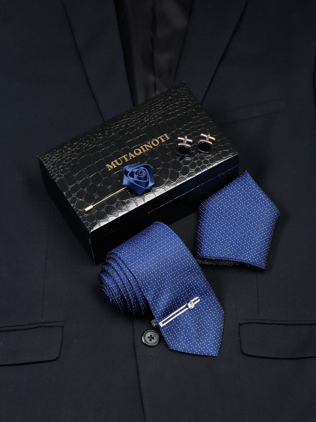 

MUTAQINOTI Men Denim Blue Silk Necktie Accessory Gift Set