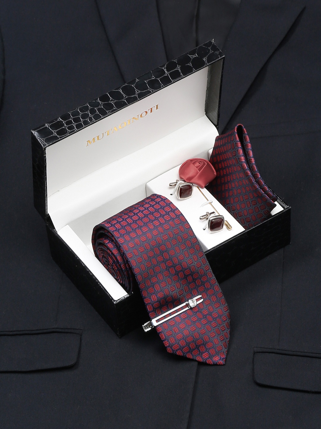 

MUTAQINOTI Men Silk Necktie Accessory Gift Set, Burgundy