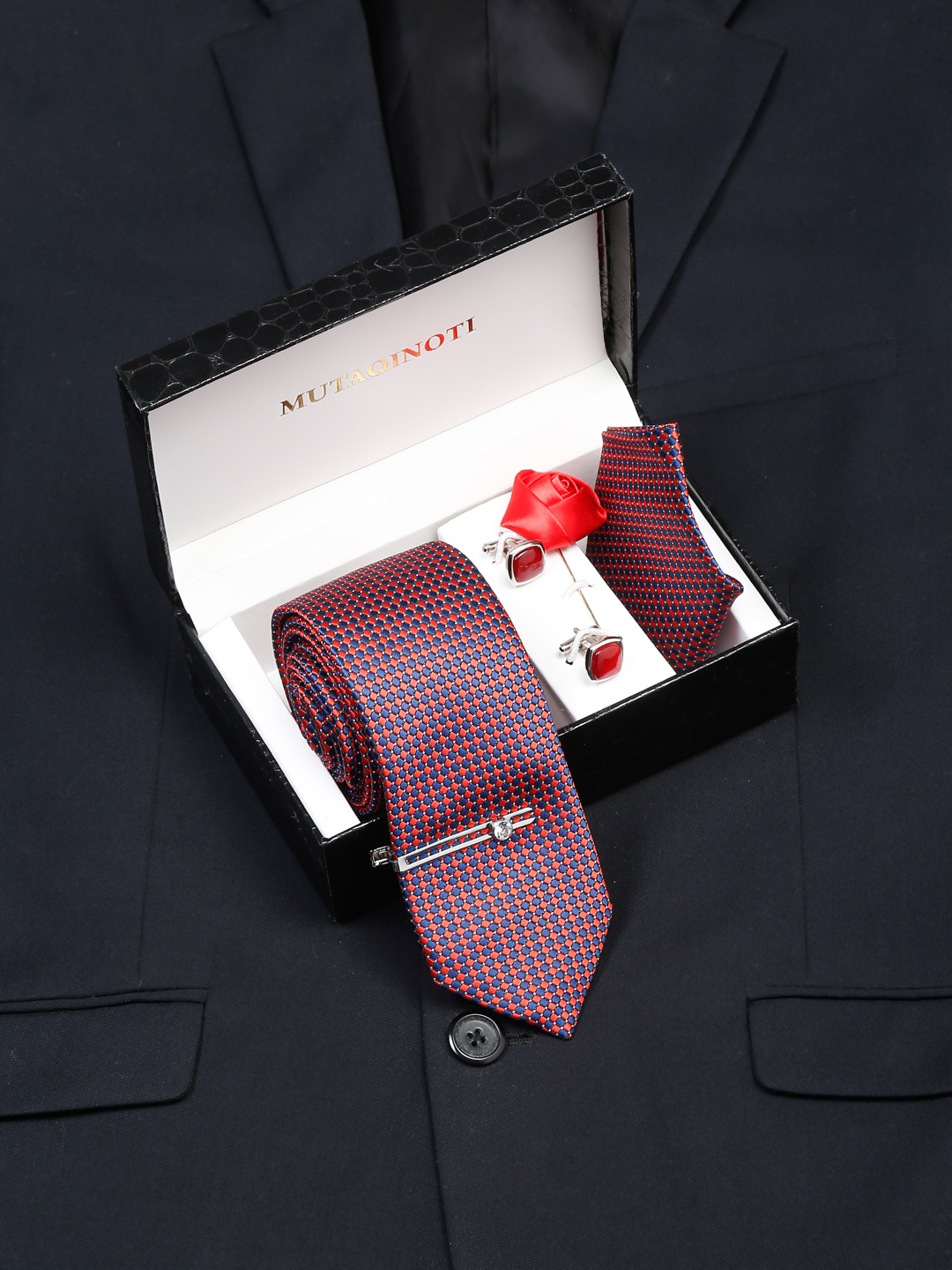 

MUTAQINOTI Men Silk Necktie Accessory Gift Set, Red