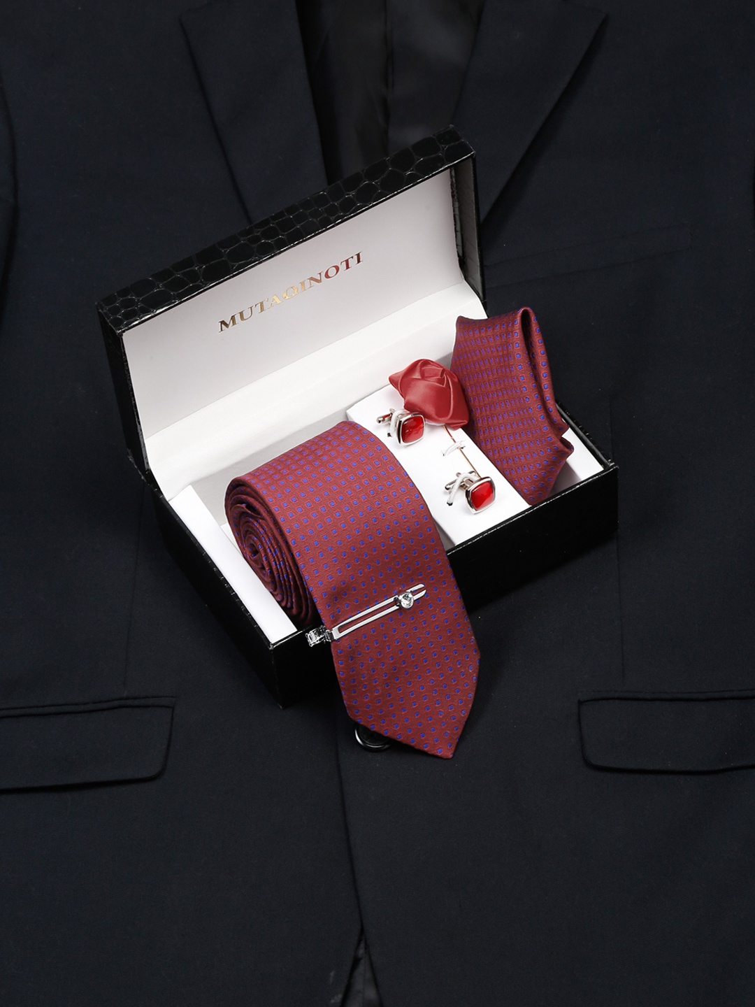 

MUTAQINOTI Men Silk Necktie Accessory Gift Set, Red