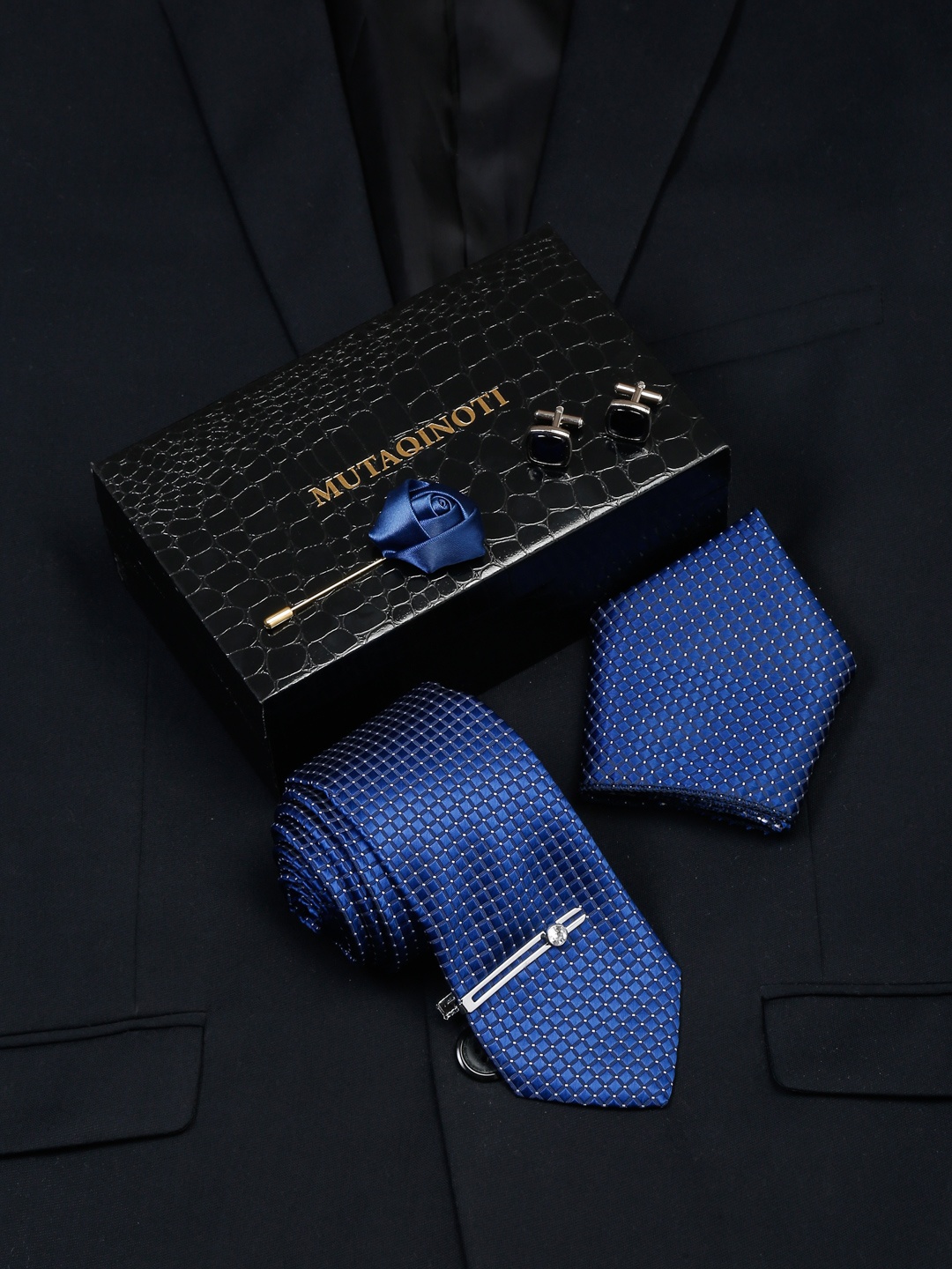 

MUTAQINOTI Men Checked Silk Necktie Accessory Gift Set, Blue