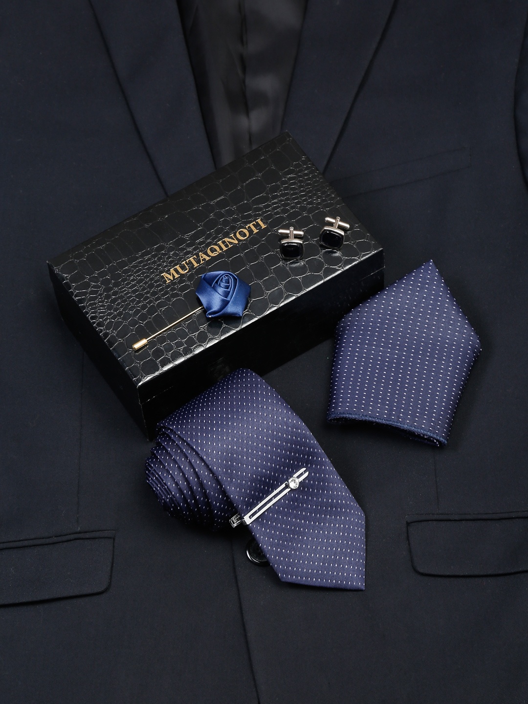 

MUTAQINOTI Men Micro Geometric Self Design Silk Necktie Accessory Gift Set, Blue