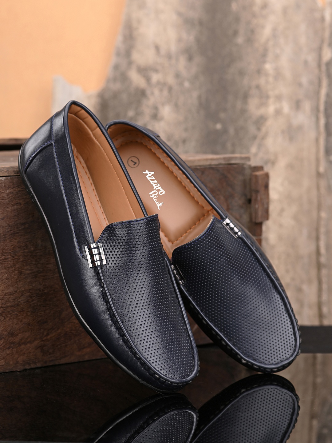 

Azzaro Black Men Blue Perforations Loafers