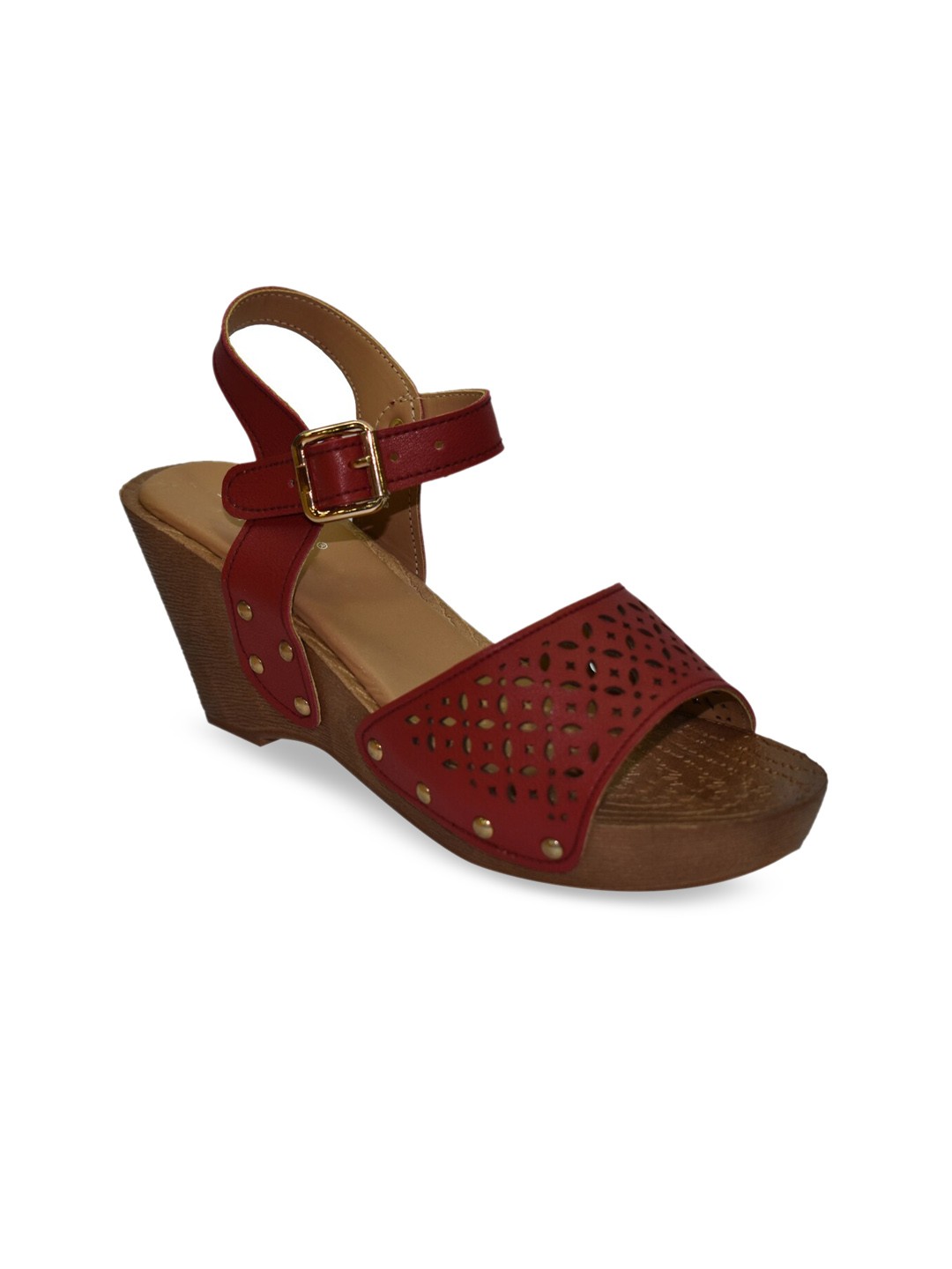 

Ajanta Red Solid Wedge Sandals With Laser Cuts