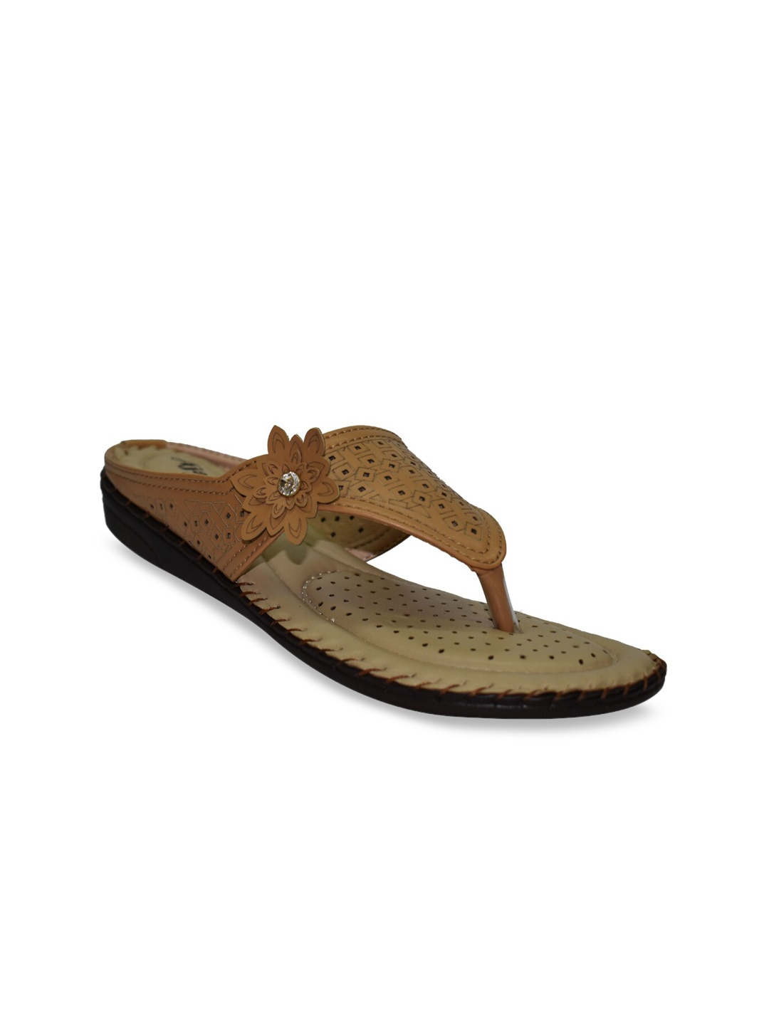 

Ajanta Women Camel Brown Embellished T-Strap Flats with Laser Cuts