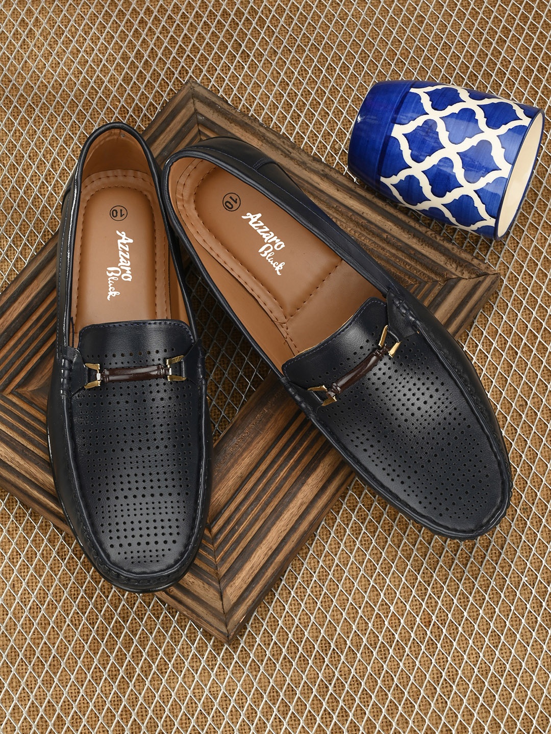 

Azzaro Black Men Blue Perforations Horsebit Loafers