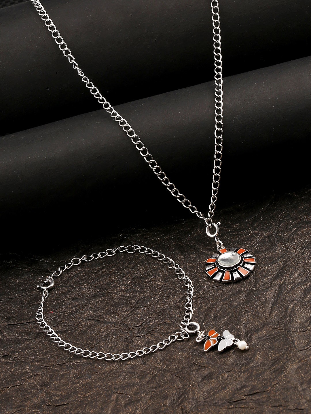 

Voylla Women Silver-Plated Oxidized Charms Pendant with Chain & Bracelet