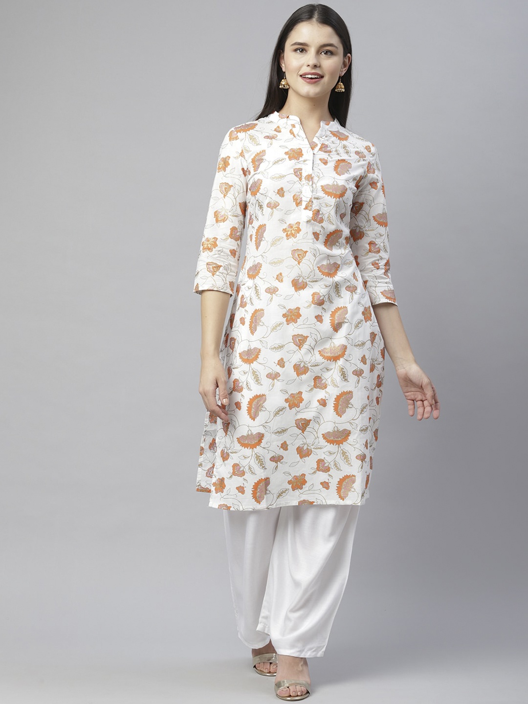 

HERE&NOW Women White & Orange Floral Printed Pure Cotton Kurta