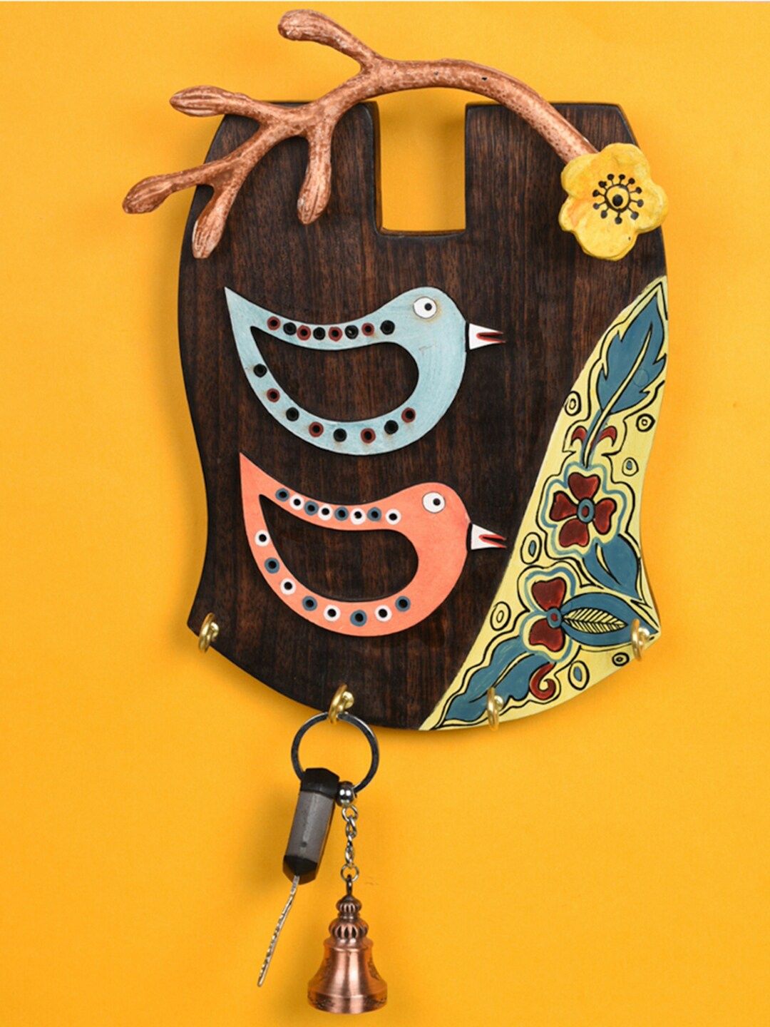 

AAKRITI ART CREATIONS Multicoloured Handcrafted Tribal Art Bird Key Holder With 4 Hooks, Multi