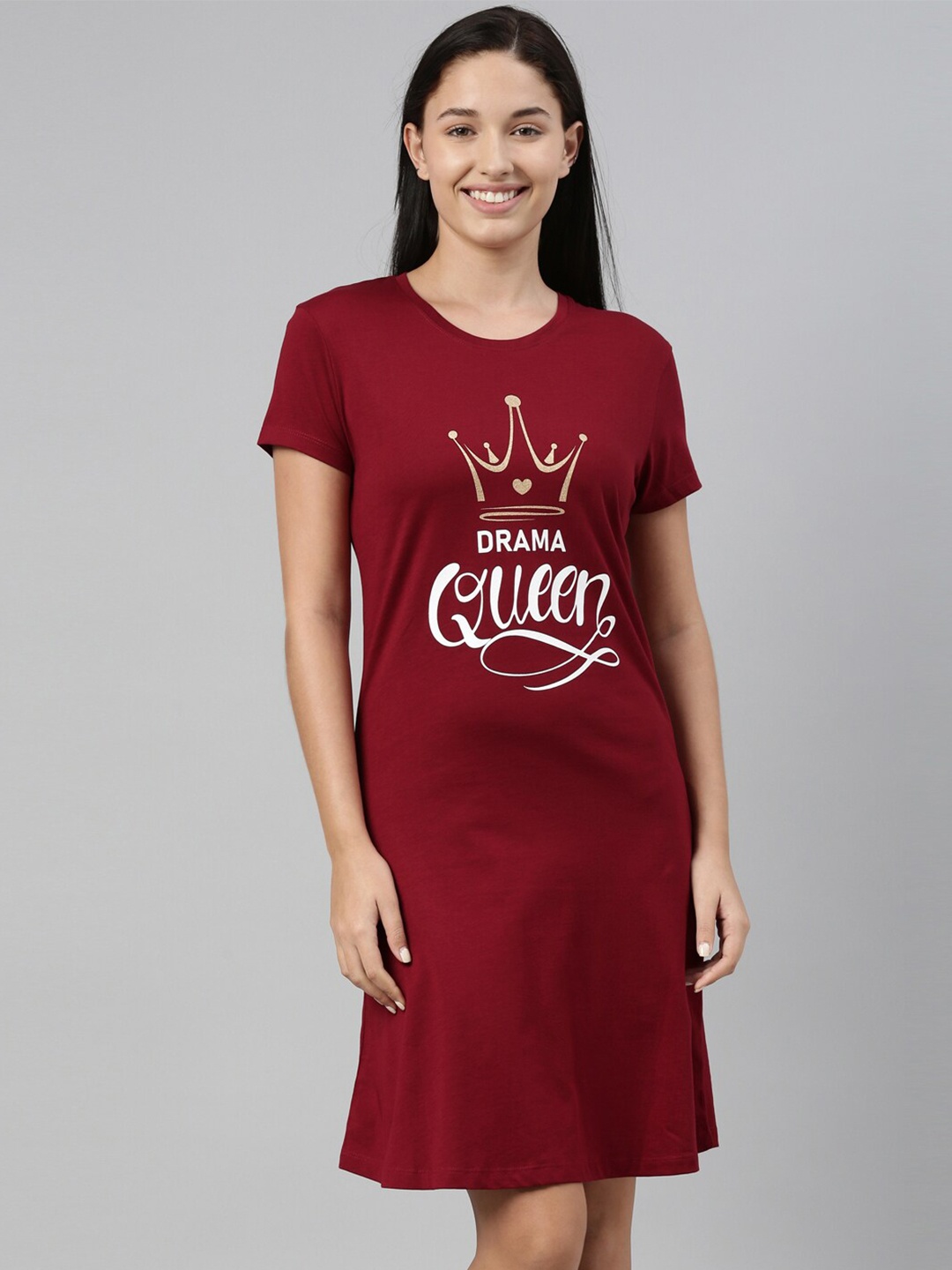 

TWIN BIRDS Women Red Printed T-shirt Nightdress