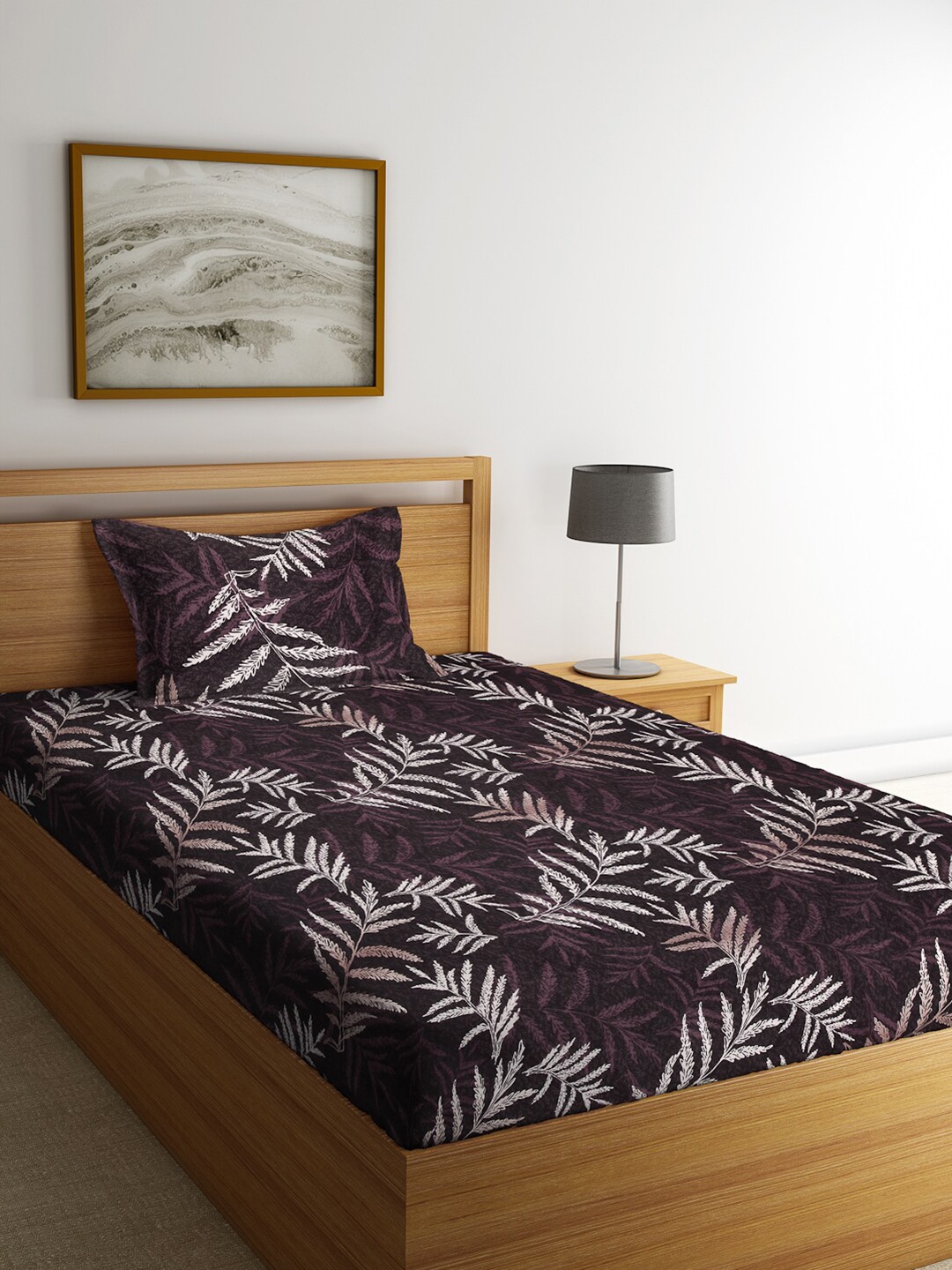 

Arrabi Brown & White Floral Printed 300 TC Single Bedsheet with 1 Pillow Covers