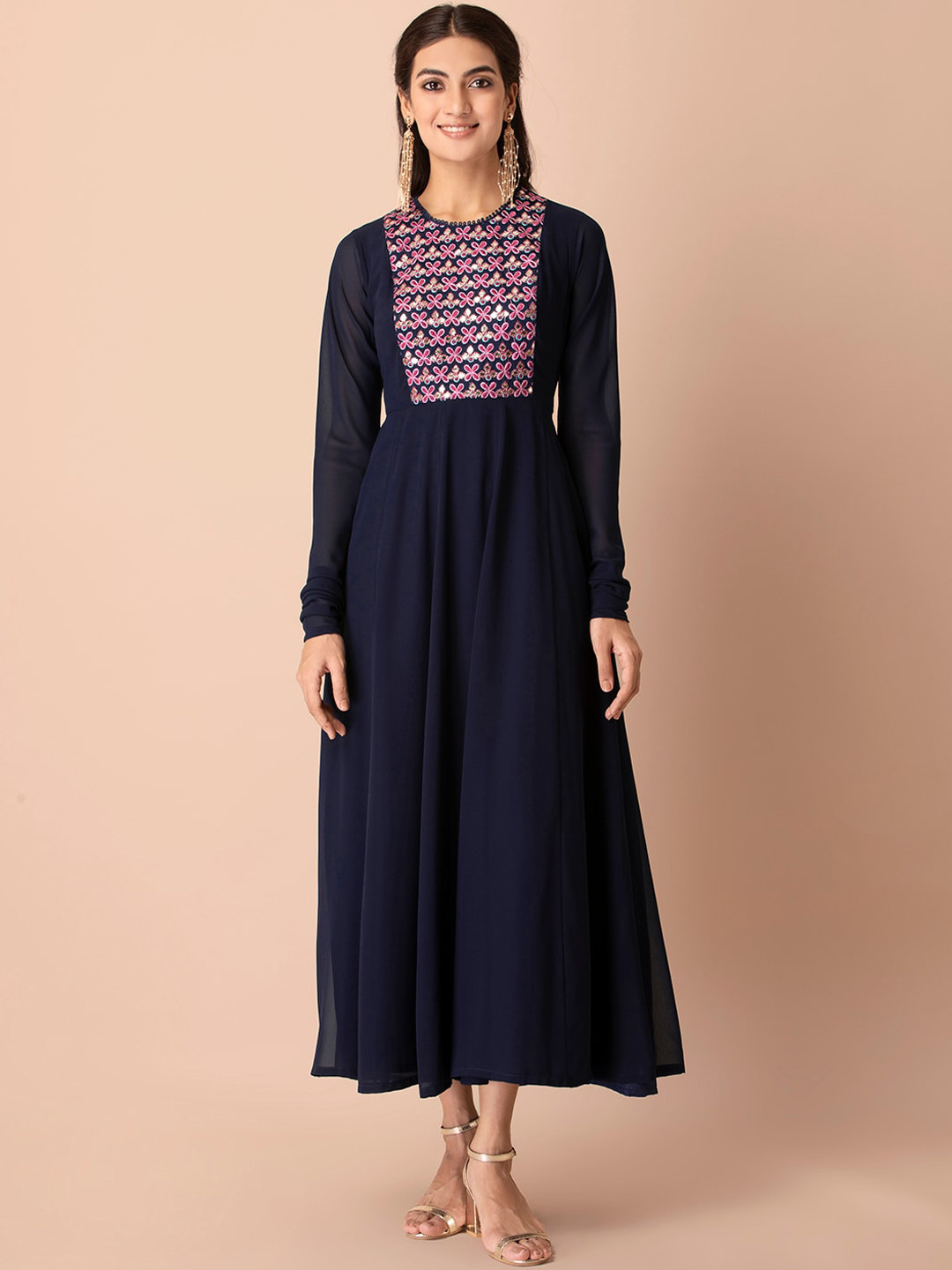 

INDYA Navy Blue & Pink Floral Embroidered Churidar Sleeve Anarkali Dress