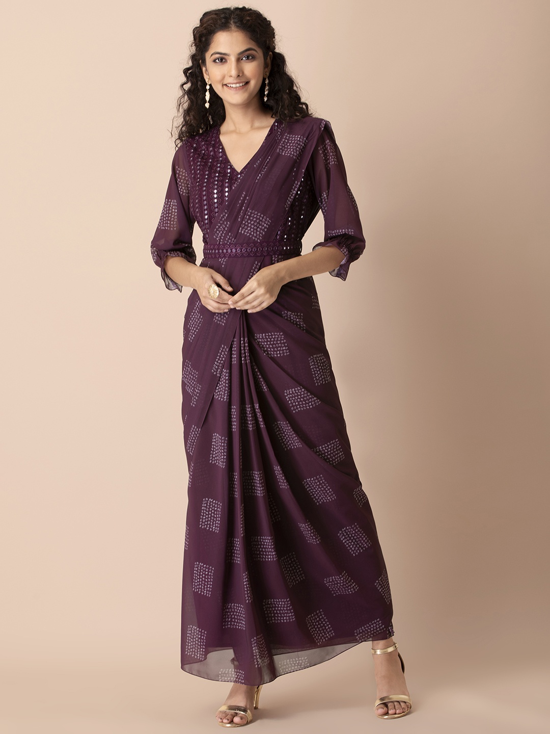 

INDYA Purple & Silver-Toned Mirror Work Bandhej Ready to Wear Tunic Saree