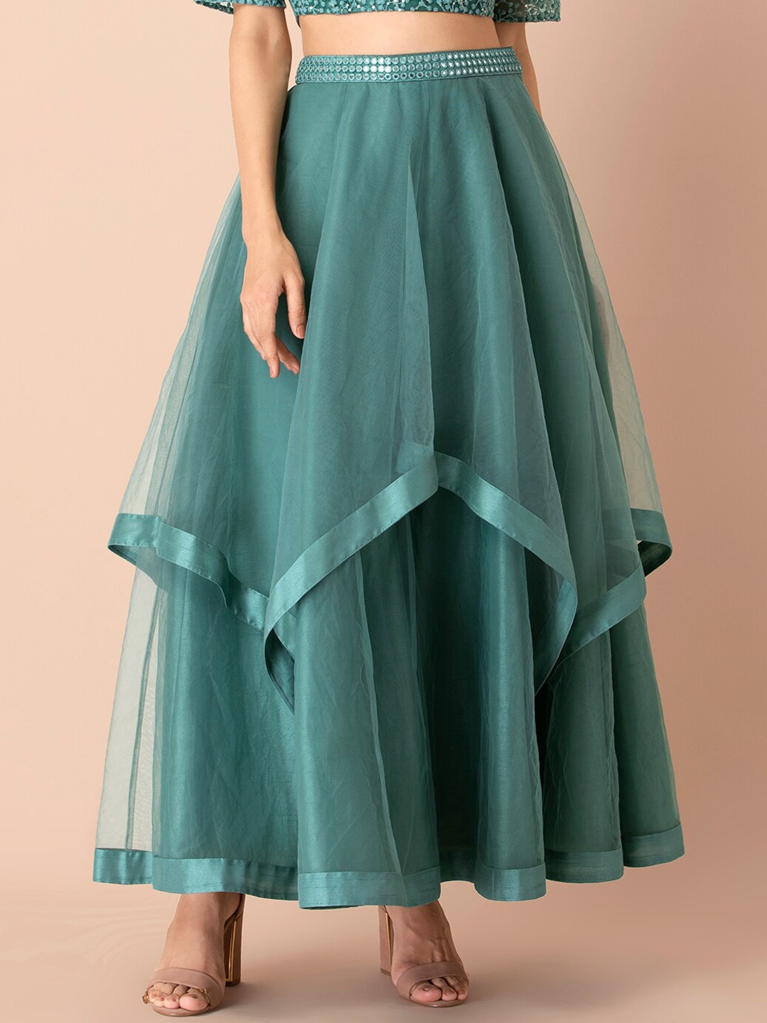 

Rang by Indya X Shraddha Kapoor Green Sage Mirror Belted High Low Skirt