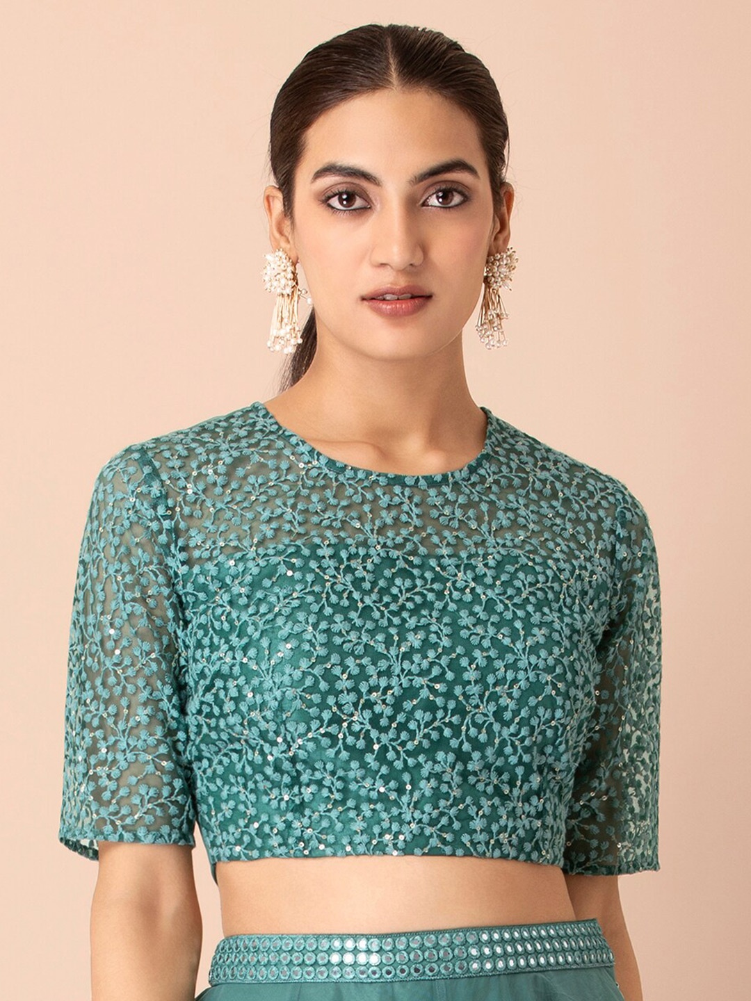 

INDYA X Shraddha Kapoor Green Embroidered Mesh Crop Top