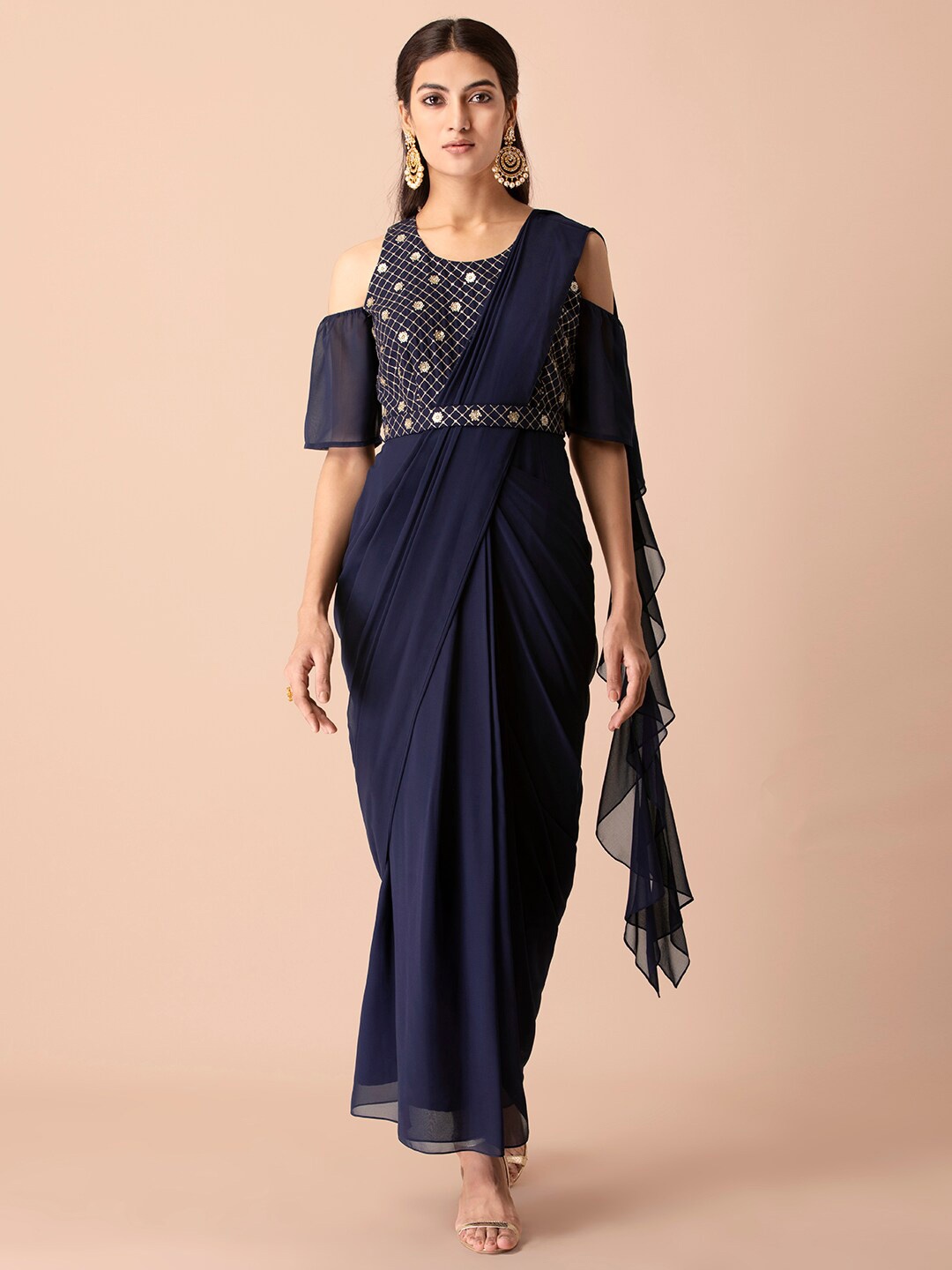 

INDYA Navy Blue Sequin Cold Shoulder Belted Sari Tunic