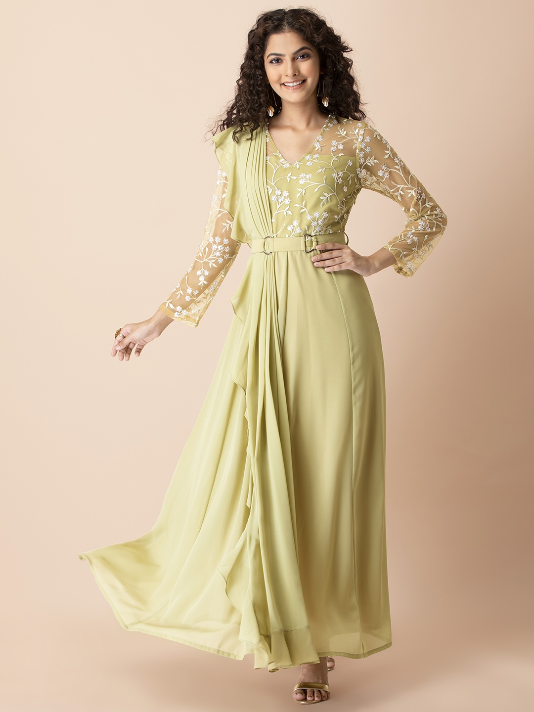 

INDYA X Shraddha Kapoor Green Floral Sequin Dress With Attached Dupatta