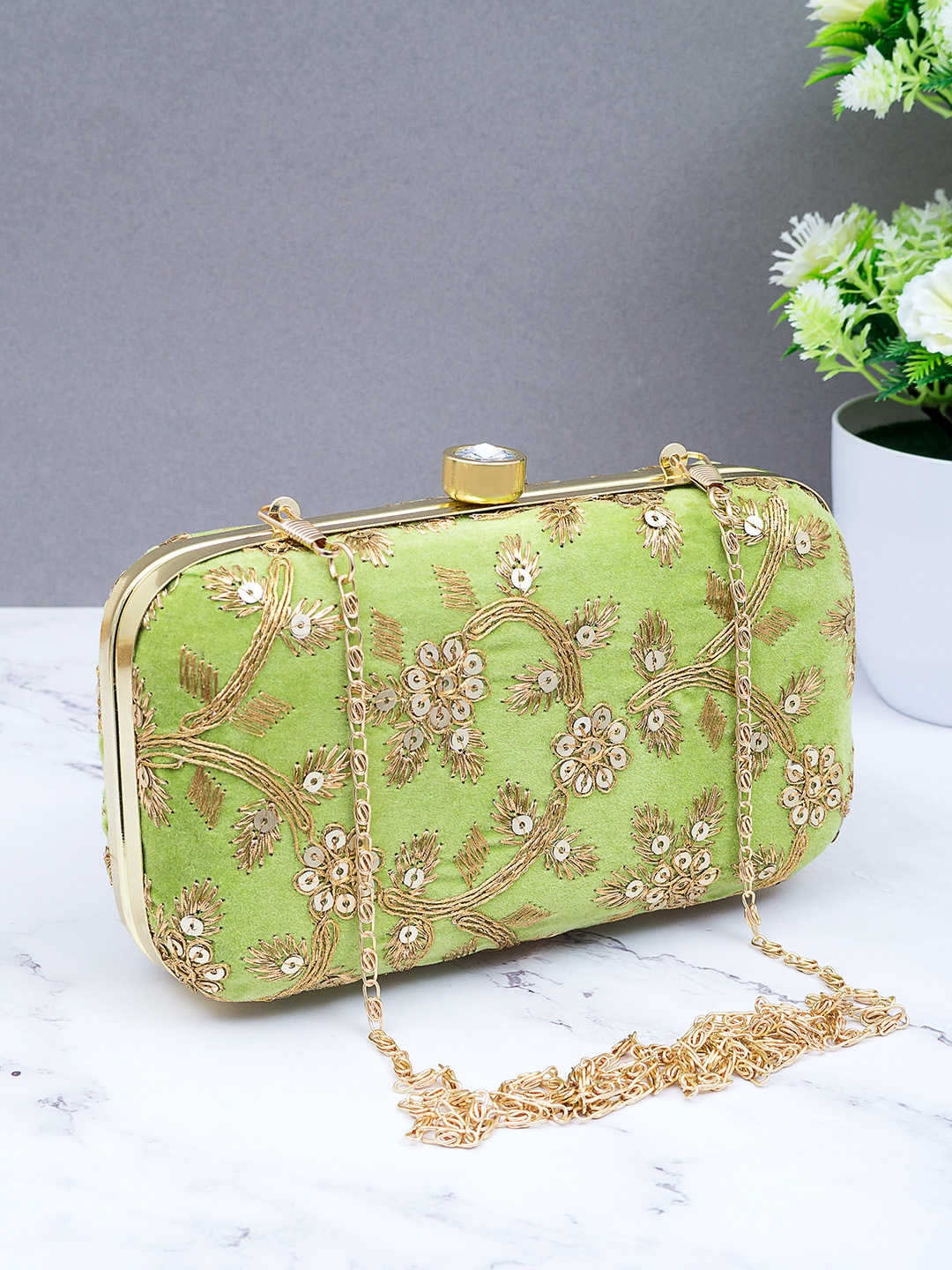 

Golden Peacock Lime Green & Gold-Toned Embroidered Box Clutch