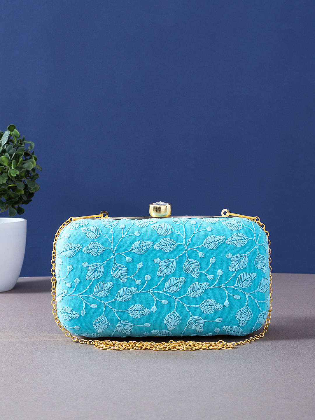 

Golden Peacock Turquoise Blue & Gold-Toned Floral Embroidered Box Clutch