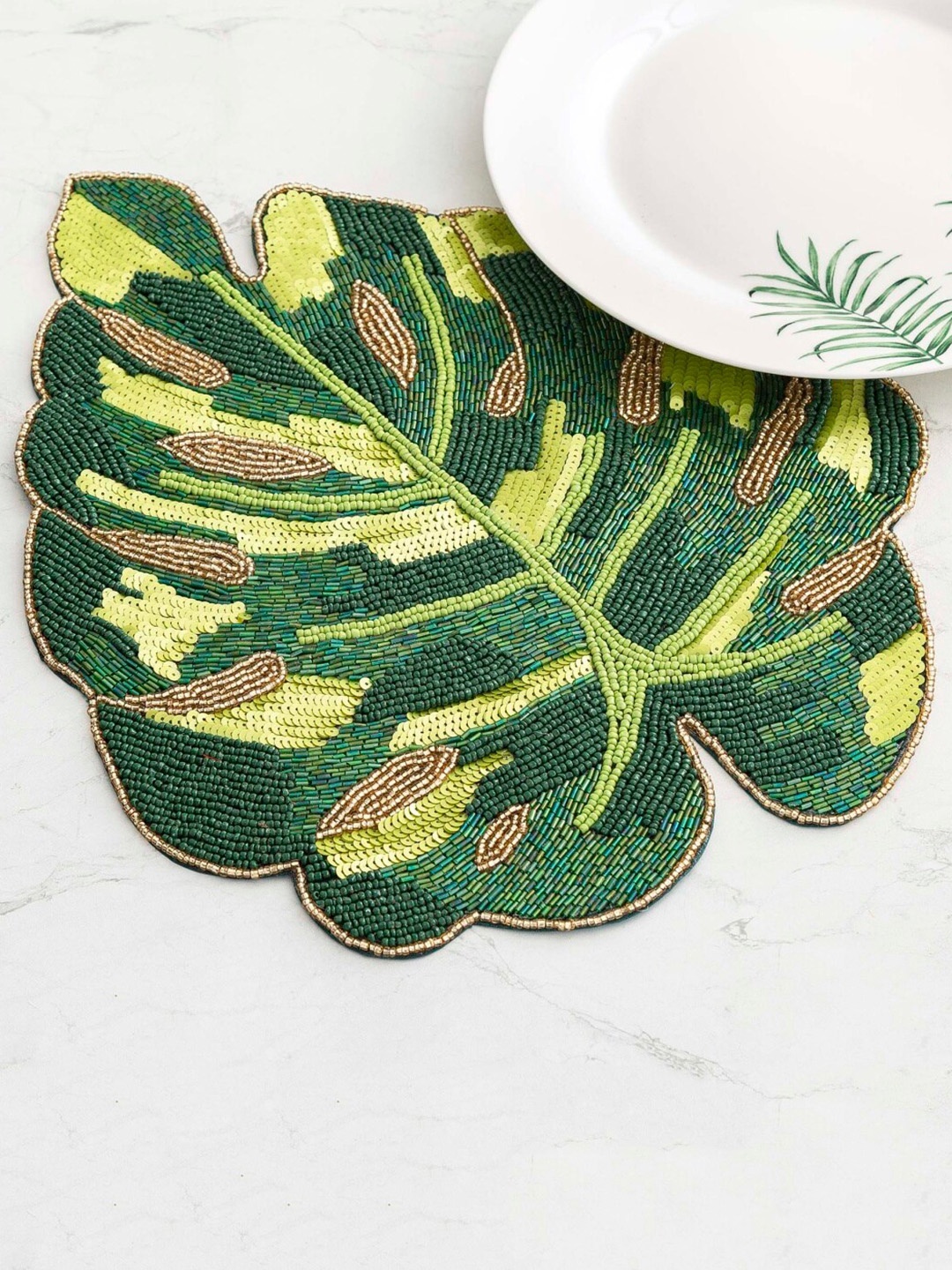 

Home Centre Green & Yellow Glass Bead Embellished Table Placemat