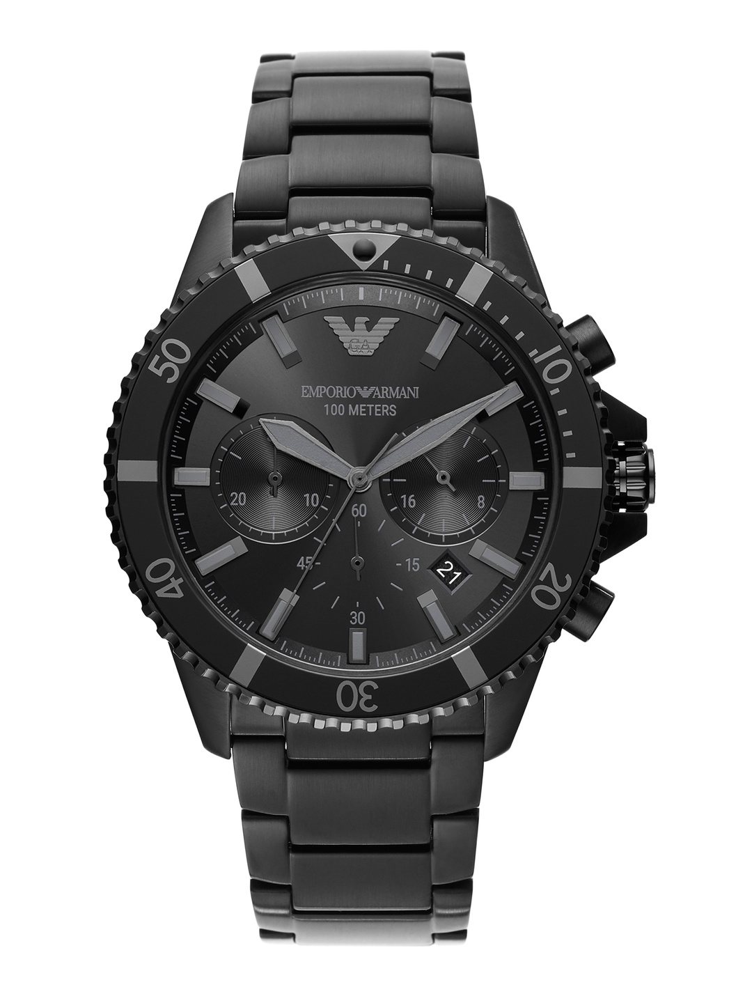 

Emporio Armani Men Black Embellished Dial & Black Stainless Steel Bracelet Style Straps Analogue Watch
