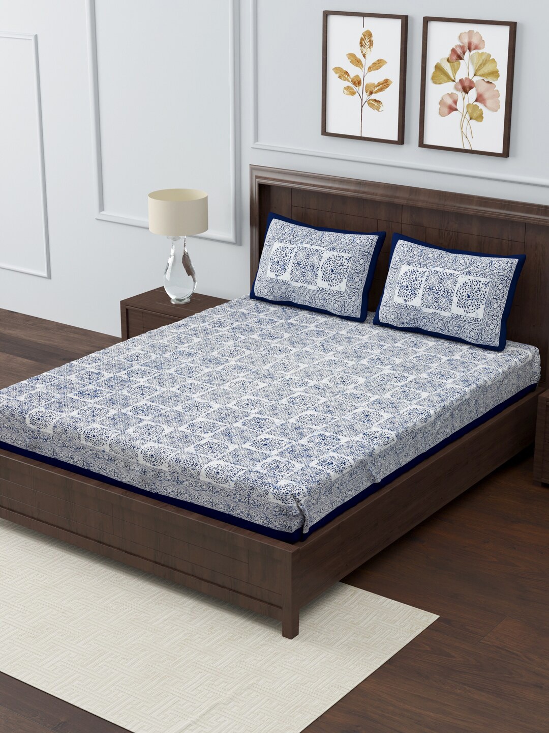 

Gulaab Jaipur Indigo Hand Block Printed 400 TC King Bedsheet with 2 Pillow Covers, Blue
