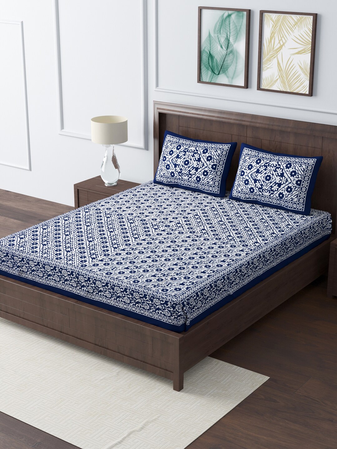 

Gulaab Jaipur Indigo Hand Block Printed 400 TC King Bedsheet with 2 Pillow Covers, Blue