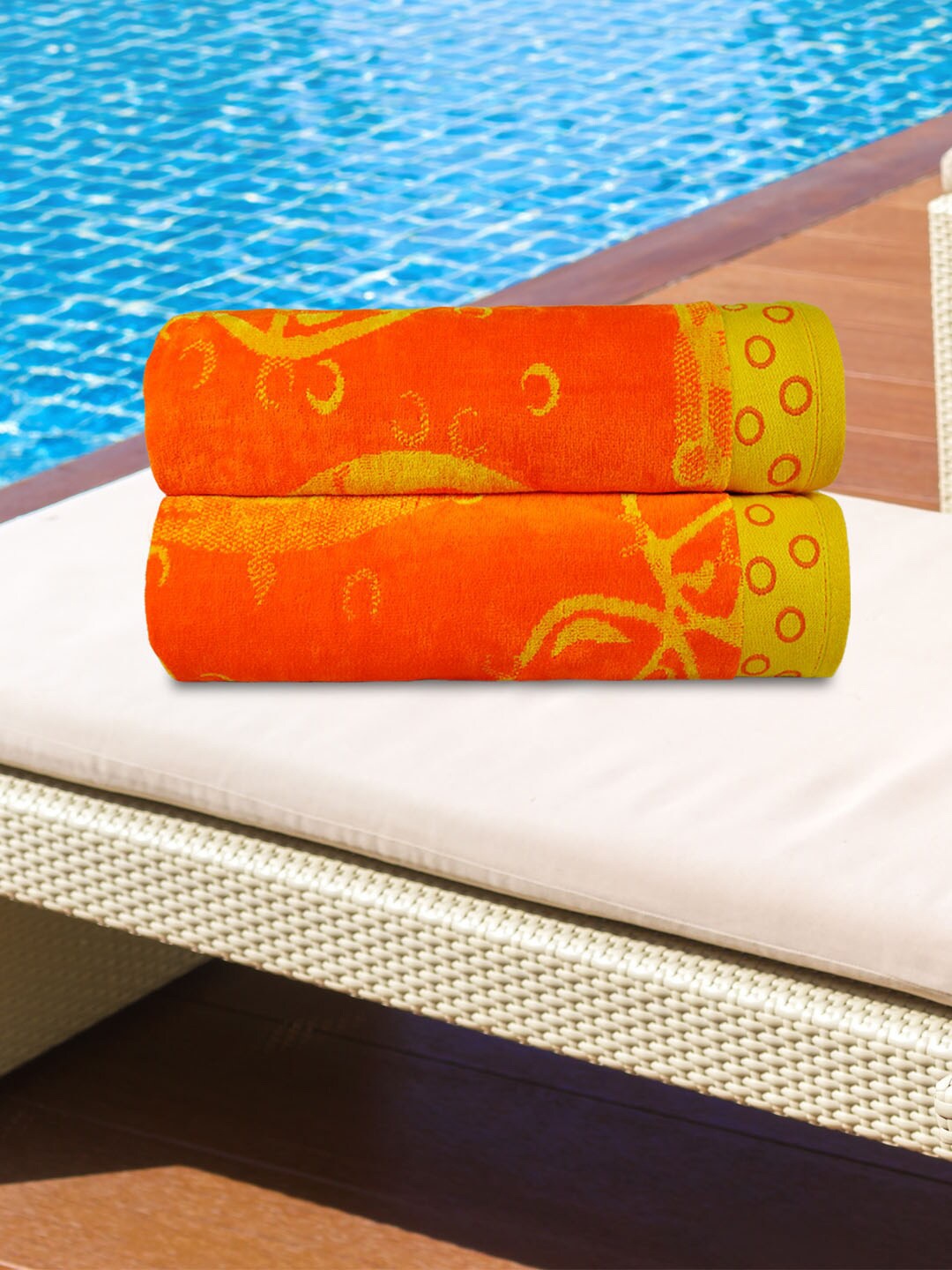 

MYTRIDENT Set Of 2 Orange Jacquard 450 GSM Antimicrobial Beach Towels