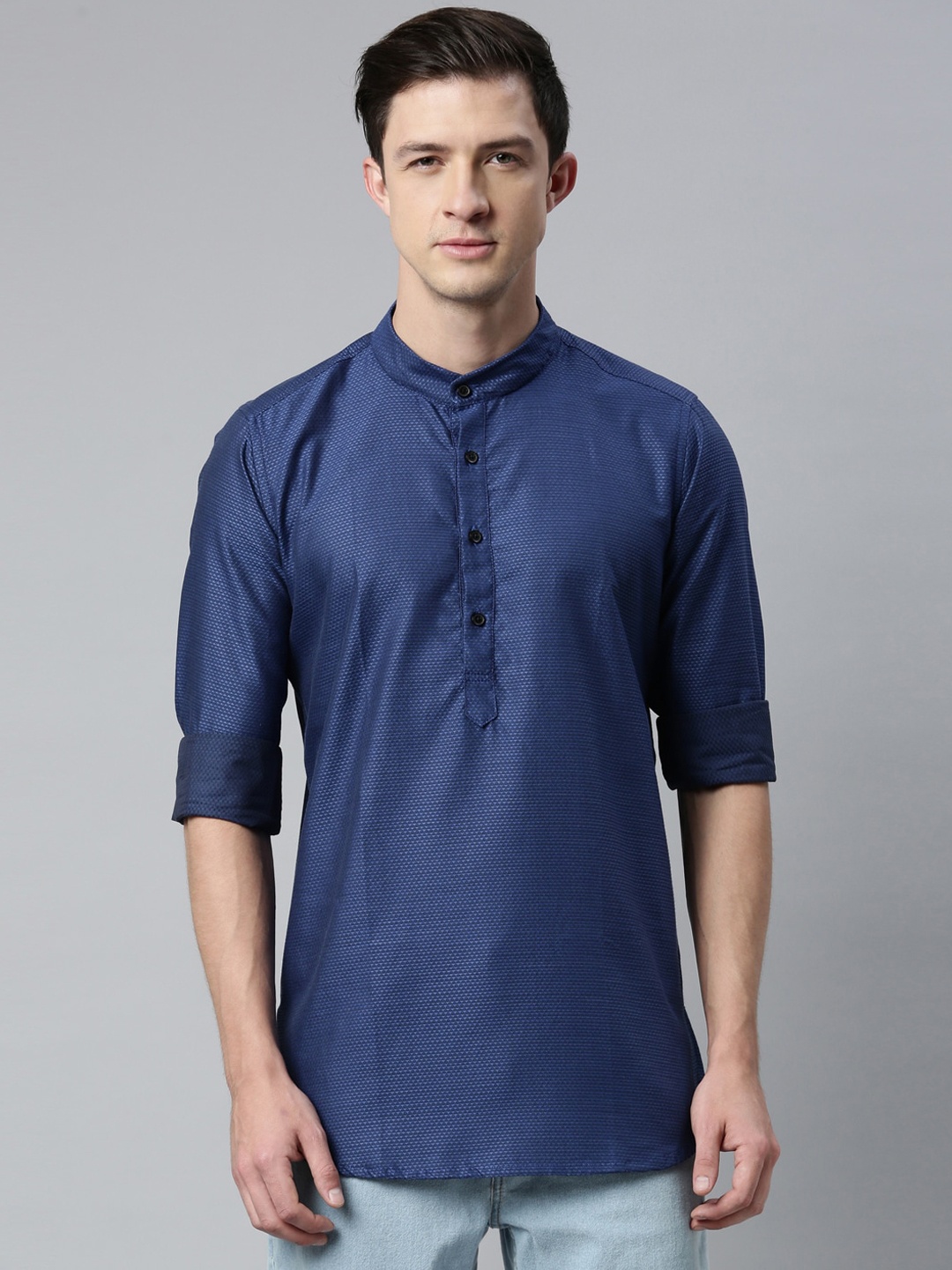 

Cross Court Men Blue Woven Design Dobby Straight Cotton Kurta