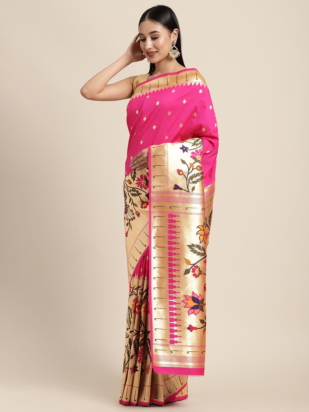 

Neerus Pink Floral Zari Pure Silk Saree